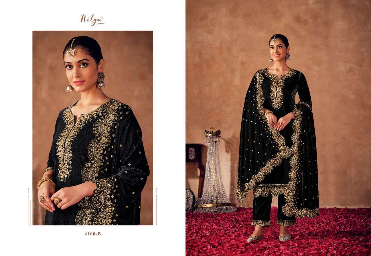 ALINA BY LT FABRICS 4100-A TO 4100-E SERIES FESTIVE TRADITIONAL WEAR COLLECTION BEAUTIFUL STYLISH FANCY COLORFUL PARTY WEAR & OCCASIONAL WEAR VELVET EMBROIDERED DRESSES AT WHOLESALE PRICE