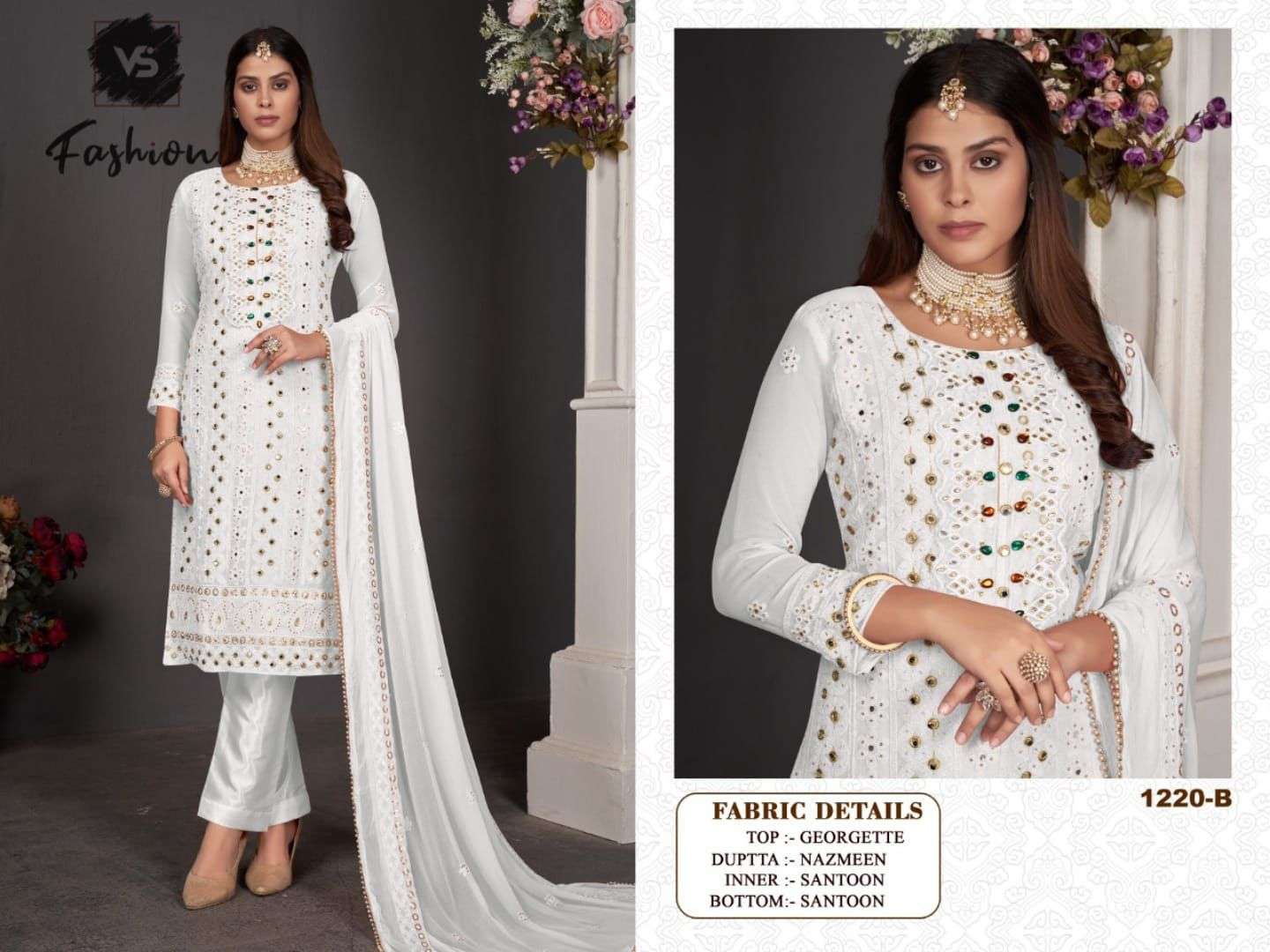 VS HIT DESIGN 1220 COLOURS BY VS FASHION 1220 TO 1220-C SERIES DESIGNER PAKISTANI SUITS BEAUTIFUL STYLISH FANCY COLORFUL PARTY WEAR & OCCASIONAL WEAR GEORGETTE EMBROIDERED DRESSES AT WHOLESALE PRICE
