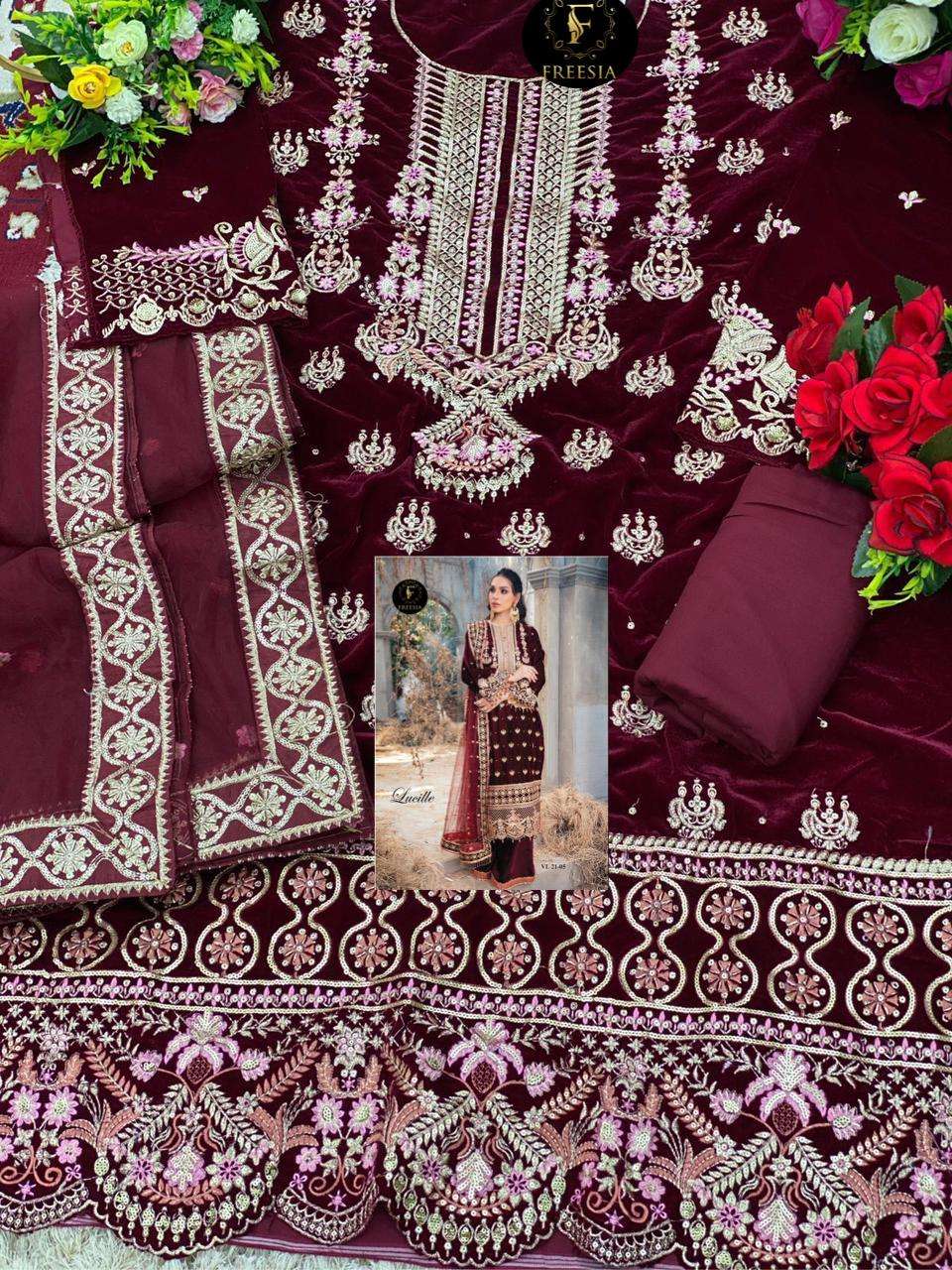 LUCILLE BY FREESIA DESIGNER PAKISTANI SUITS BEAUTIFUL STYLISH FANCY COLORFUL PARTY WEAR & OCCASIONAL WEAR PURE VELVET EMBROIDERED DRESSES AT WHOLESALE PRICE
