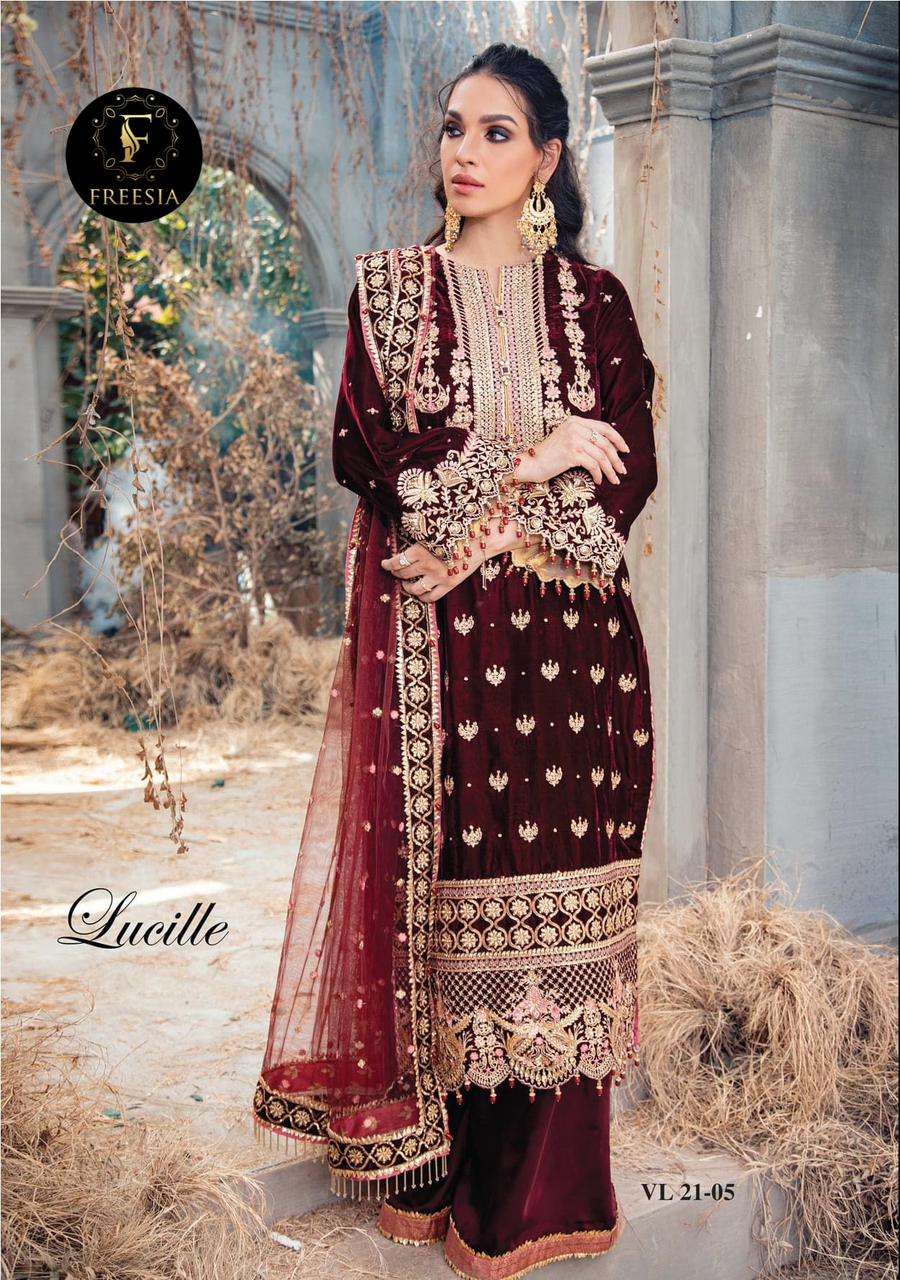 LUCILLE BY FREESIA DESIGNER PAKISTANI SUITS BEAUTIFUL STYLISH FANCY COLORFUL PARTY WEAR & OCCASIONAL WEAR PURE VELVET EMBROIDERED DRESSES AT WHOLESALE PRICE