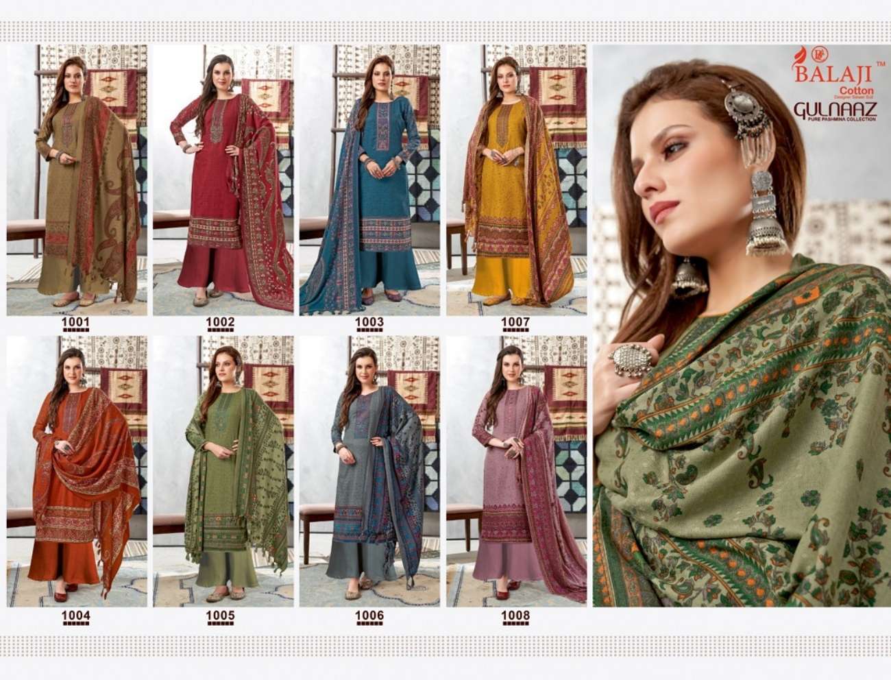 GULNAAZ BY BALAJI COTTON 1001 TO 1008 SERIES BEAUTIFUL SUITS COLORFUL STYLISH FANCY CASUAL WEAR & ETHNIC WEAR PURE PASHMINA DIGITAL PRINT DRESSES AT WHOLESALE PRICE