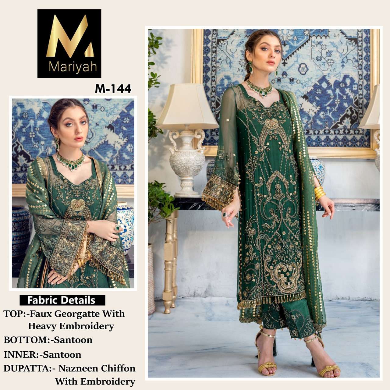 MARIYAH HIT DESIGN M-144 BY MARIYAH BEAUTIFUL PAKISTANI SUITS COLORFUL STYLISH FANCY CASUAL WEAR & ETHNIC WEAR FAUX GEORGETTE EMBROIDERED DRESSES AT WHOLESALE PRICE