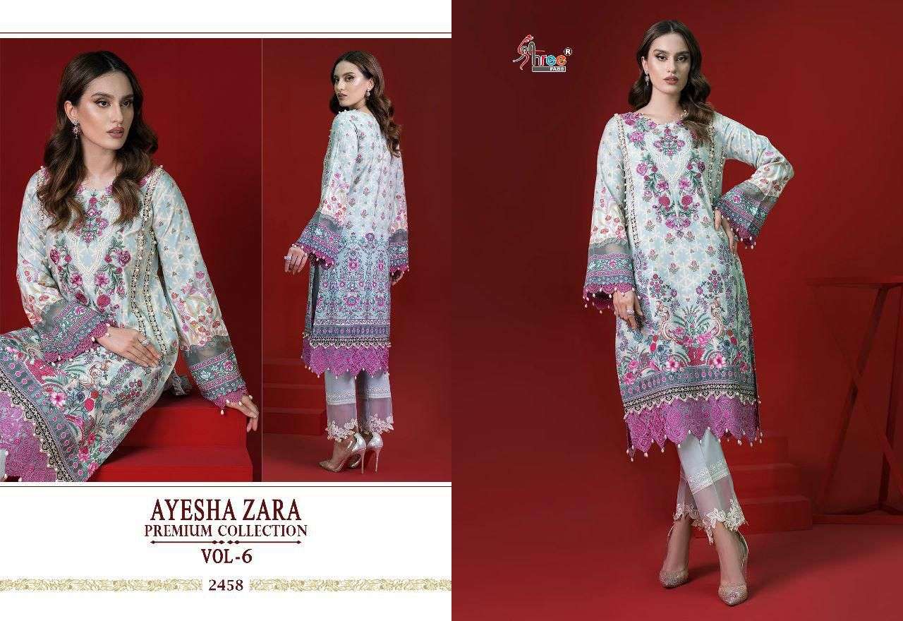 AYESHA ZARA PREMIUM COLLECTION VOL-6 BY SHREE FABS 2456 TO 2461 SERIES BEAUTIFUL PAKISTANI SUITS COLORFUL STYLISH FANCY CASUAL WEAR & ETHNIC WEAR COTTON EMBROIDERED DRESSES AT WHOLESALE PRICE