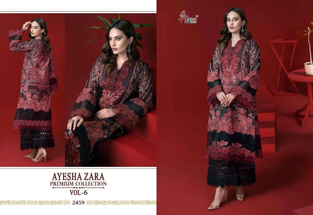 AYESHA ZARA PREMIUM COLLECTION VOL-6 BY SHREE FABS 2456 TO 2461 SERIES BEAUTIFUL PAKISTANI SUITS COLORFUL STYLISH FANCY CASUAL WEAR & ETHNIC WEAR COTTON EMBROIDERED DRESSES AT WHOLESALE PRICE