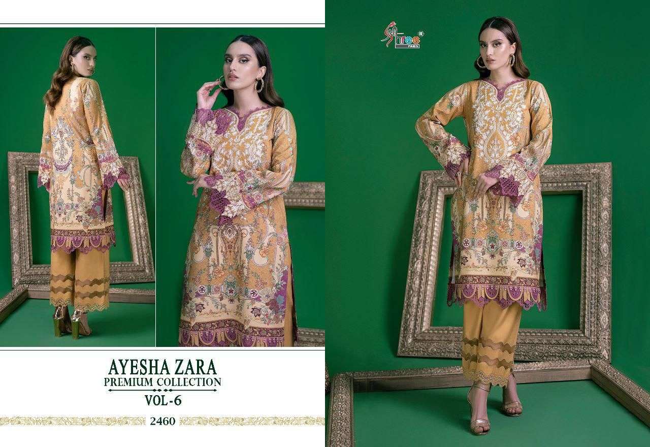 AYESHA ZARA PREMIUM COLLECTION VOL-6 BY SHREE FABS 2456 TO 2461 SERIES BEAUTIFUL PAKISTANI SUITS COLORFUL STYLISH FANCY CASUAL WEAR & ETHNIC WEAR COTTON EMBROIDERED DRESSES AT WHOLESALE PRICE