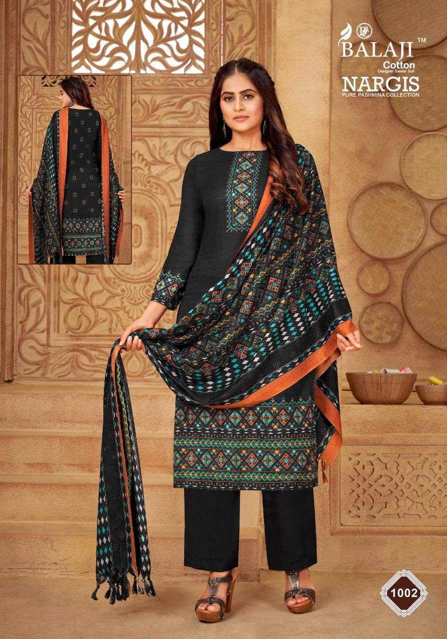 NARGIS BY BALAJI COTTON 1001 TO 1008 SERIES BEAUTIFUL SUITS COLORFUL STYLISH FANCY CASUAL WEAR & ETHNIC WEAR PURE PASHMINA DRESSES AT WHOLESALE PRICE