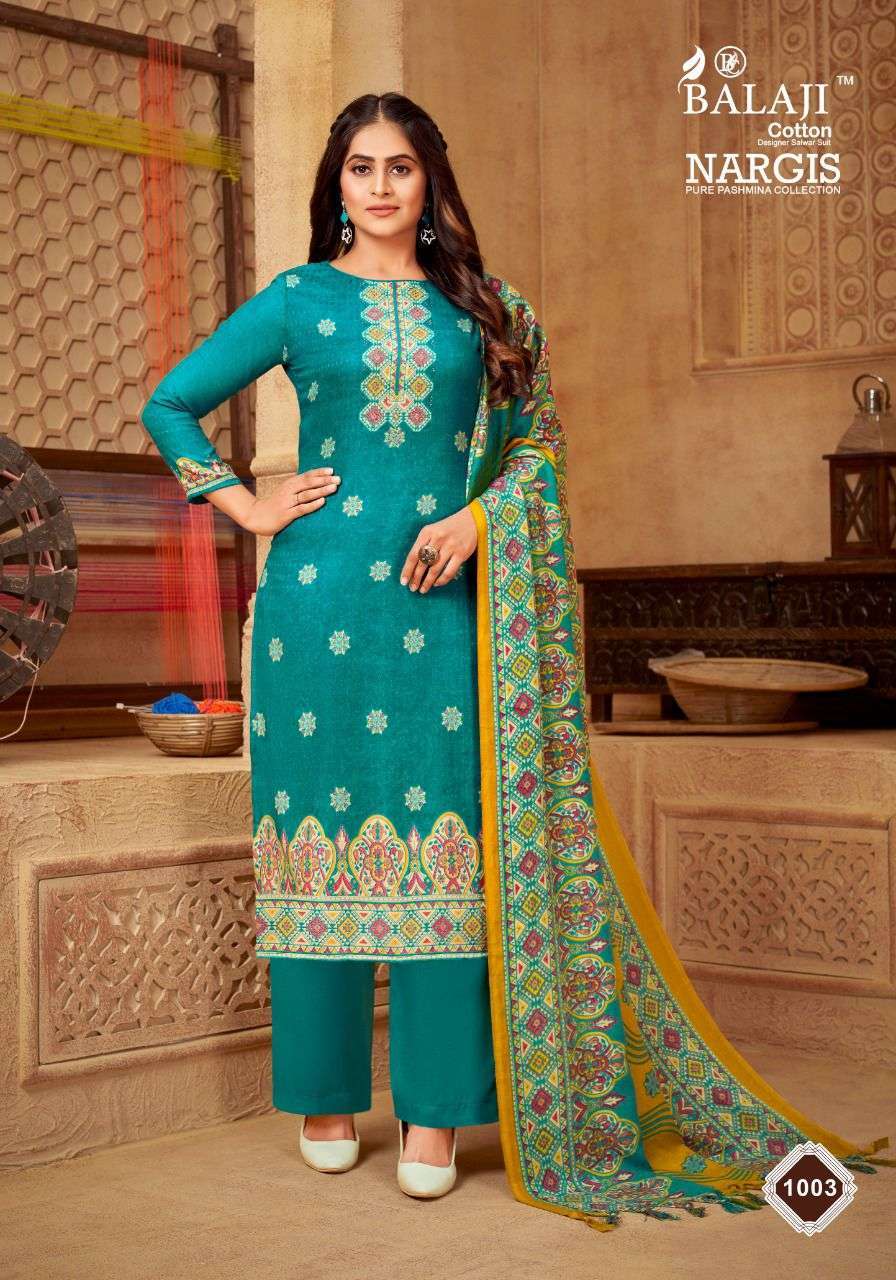 NARGIS BY BALAJI COTTON 1001 TO 1008 SERIES BEAUTIFUL SUITS COLORFUL STYLISH FANCY CASUAL WEAR & ETHNIC WEAR PURE PASHMINA DRESSES AT WHOLESALE PRICE