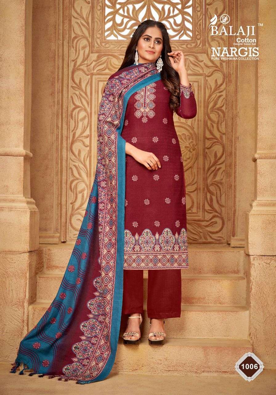 NARGIS BY BALAJI COTTON 1001 TO 1008 SERIES BEAUTIFUL SUITS COLORFUL STYLISH FANCY CASUAL WEAR & ETHNIC WEAR PURE PASHMINA DRESSES AT WHOLESALE PRICE