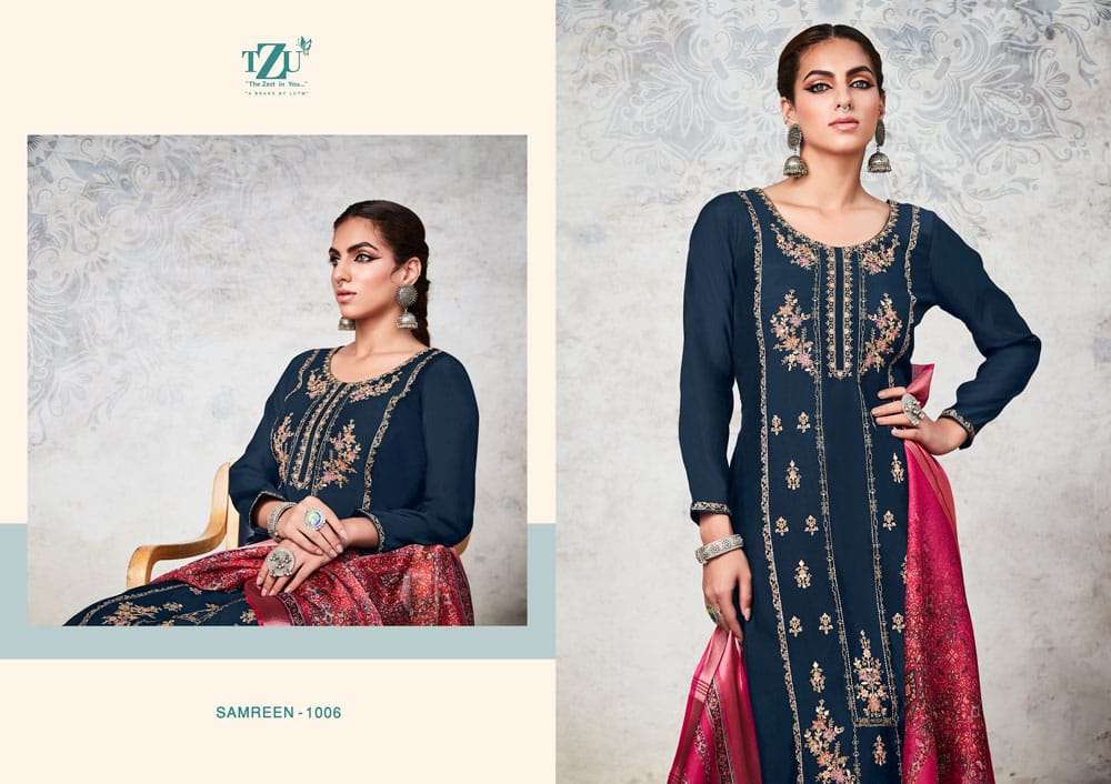 SAMREEN BY TZU 1001 TO 1006 SERIES FESTIVE TRADITIONAL WEAR COLLECTION BEAUTIFUL STYLISH FANCY COLORFUL PARTY WEAR & OCCASIONAL WEAR SILK DRESSES AT WHOLESALE PRICE