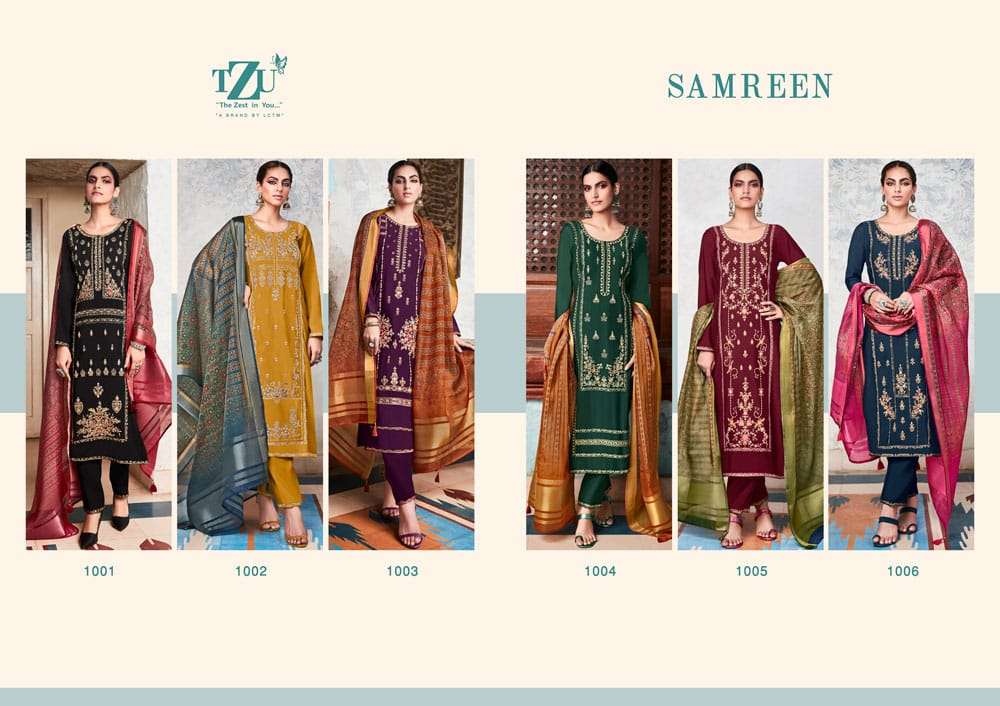 SAMREEN BY TZU 1001 TO 1006 SERIES FESTIVE TRADITIONAL WEAR COLLECTION BEAUTIFUL STYLISH FANCY COLORFUL PARTY WEAR & OCCASIONAL WEAR SILK DRESSES AT WHOLESALE PRICE