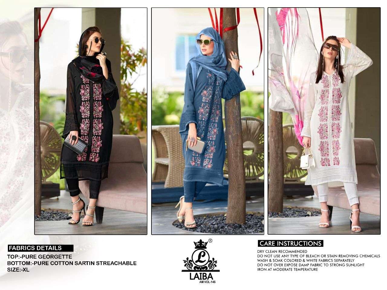 AM VOL-146 BY LAIBA 01 TO 03 SERIES DESIGNER PAKISTANI SUITS BEAUTIFUL FANCY COLORFUL STYLISH PARTY WEAR & OCCASIONAL WEAR PURE GEORGETTE DRESSES AT WHOLESALE PRICE