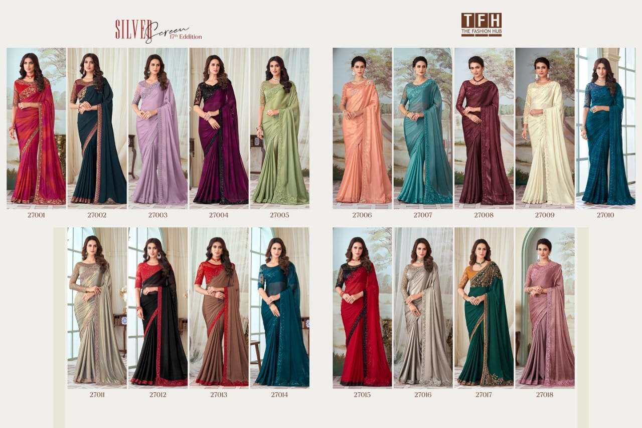 Silver Screen Vol-17 By Tfh 27001 To 27018 Series Indian Traditional Wear Collection Beautiful Stylish Fancy Colorful Party Wear & Occasional Wear Silk Sarees At Wholesale Price