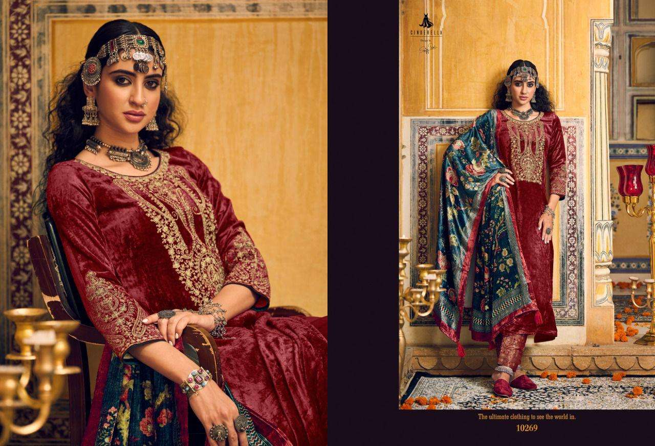 MAKHMALY QUEEN BY CINDERELLA 10269 TO 10276 SERIES BEAUTIFUL SUITS STYLISH COLORFUL FANCY CASUAL WEAR & ETHNIC WEAR PURE VISCOSE VELVET EMBROIDERED DRESSES AT WHOLESALE PRICE