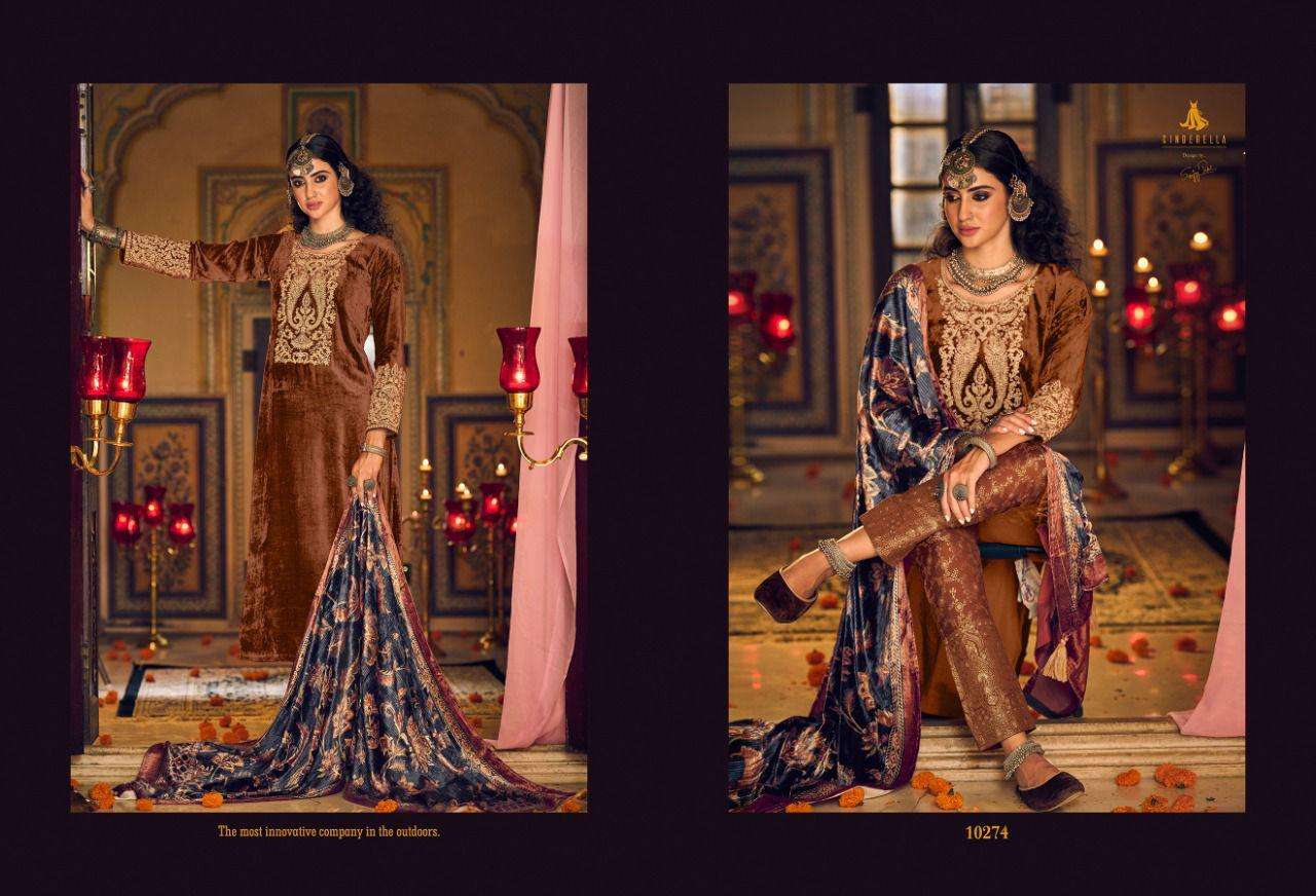 MAKHMALY QUEEN BY CINDERELLA 10269 TO 10276 SERIES BEAUTIFUL SUITS STYLISH COLORFUL FANCY CASUAL WEAR & ETHNIC WEAR PURE VISCOSE VELVET EMBROIDERED DRESSES AT WHOLESALE PRICE