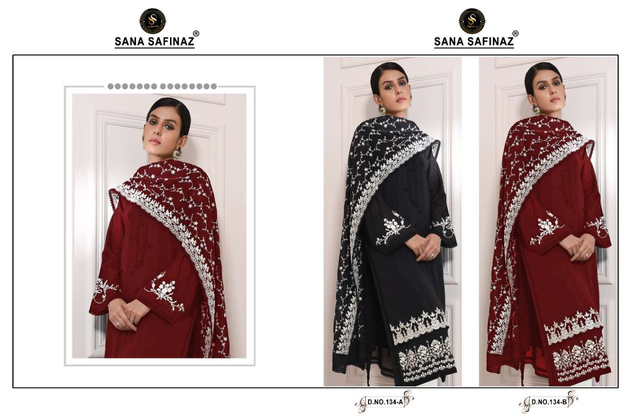 SANA SAFINAZ-134 BY SANA SAFINAZ 134-A TO 134-B SERIES PAKISTANI STYLISH BEAUTIFUL COLOURFUL PRINTED & EMBROIDERED PARTY WEAR & OCCASIONAL WEAR FAUX GEORGETTE EMBROIDERED DRESSES AT WHOLESALE PRICE
