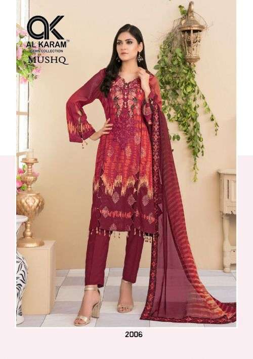 AL-KARAM VOL-02 BY MUSHQ KARACHI COTTON PAKISTANI SUITS BEAUTIFUL FANCY COLORFUL STYLISH PARTY WEAR & OCCASIONAL WEAR EMBROIDERED DRESSES AT WHOLESALE PRICE