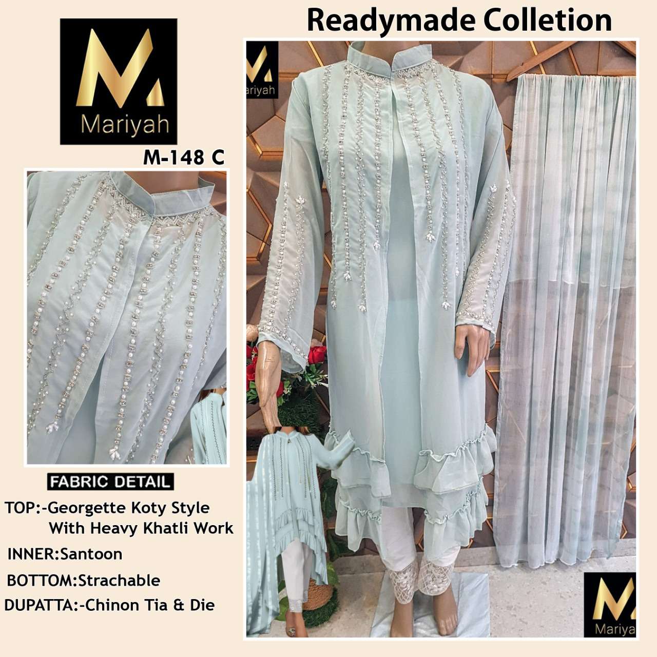 MARIYAH HIT DESIGN M-148 BY MARIYAH 148-A TO 148-C BEAUTIFUL PAKISTANI SUITS COLORFUL STYLISH FANCY CASUAL WEAR & ETHNIC WEAR PURE GEORGETTE EMBROIDERED DRESSES AT WHOLESALE PRICE
