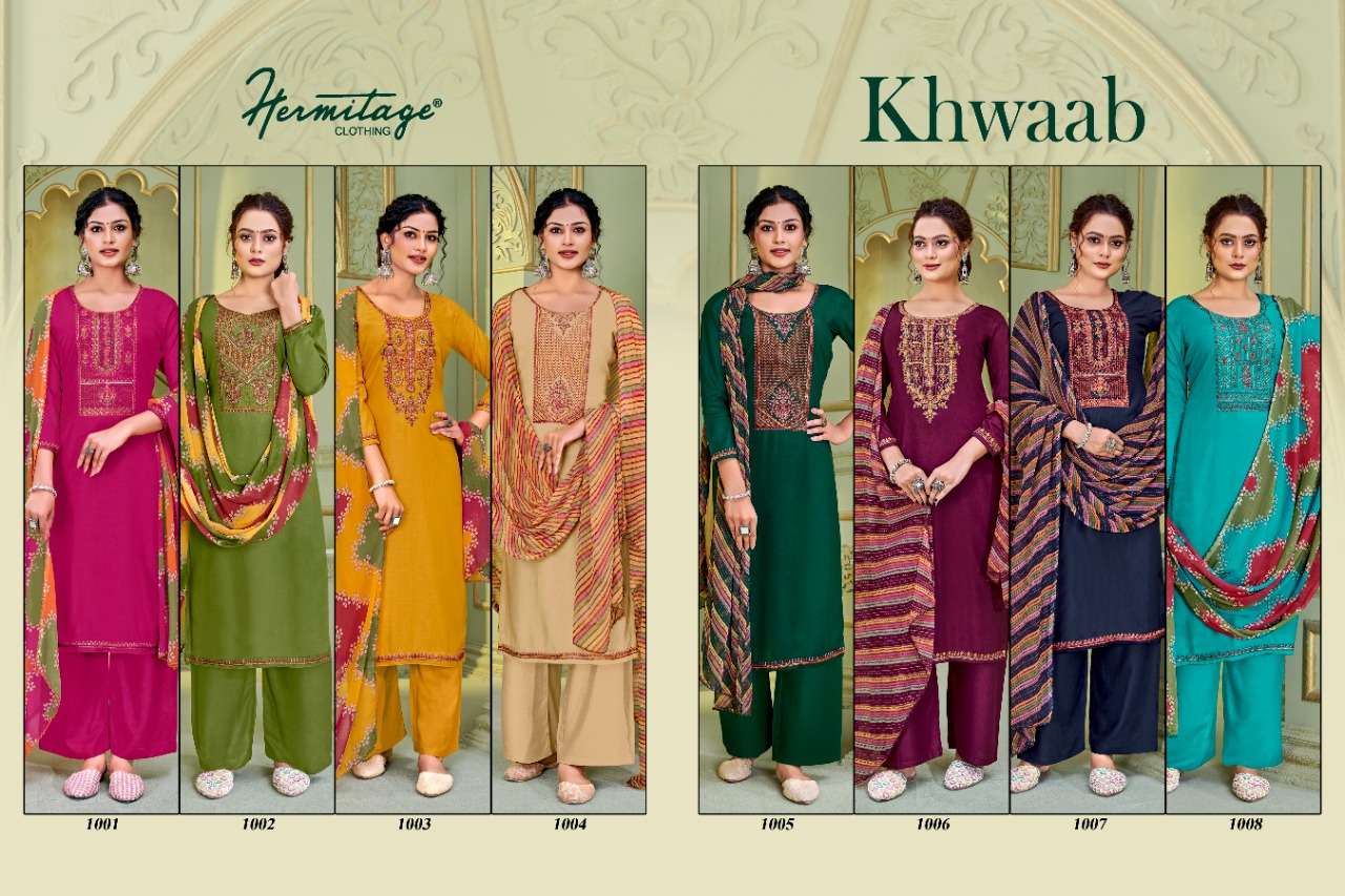 HEMITAGE BY KHWAAB 1001 TO 1008 SERIES BEAUTIFUL PAKISTANI SUITS COLORFUL STYLISH FANCY CASUAL WEAR & ETHNIC WEAR PURE VISCOSE WITH EMBROIDERY DRESSES AT WHOLESALE PRICE