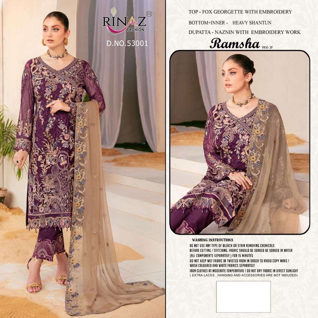RAMSHA VOL-21 BY RINAZ FASHION 53001 TO 53003 SERIES BEAUTIFUL STYLISH PAKISTANI SUITS FANCY COLORFUL CASUAL WEAR & ETHNIC WEAR & READY TO WEAR FAUX GEORGETTE EMBROIDERY DRESSES AT WHOLESALE PRICE