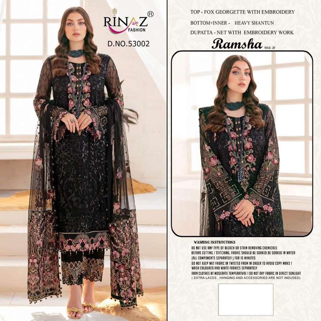 RAMSHA VOL-21 BY RINAZ FASHION 53001 TO 53003 SERIES BEAUTIFUL STYLISH PAKISTANI SUITS FANCY COLORFUL CASUAL WEAR & ETHNIC WEAR & READY TO WEAR FAUX GEORGETTE EMBROIDERY DRESSES AT WHOLESALE PRICE