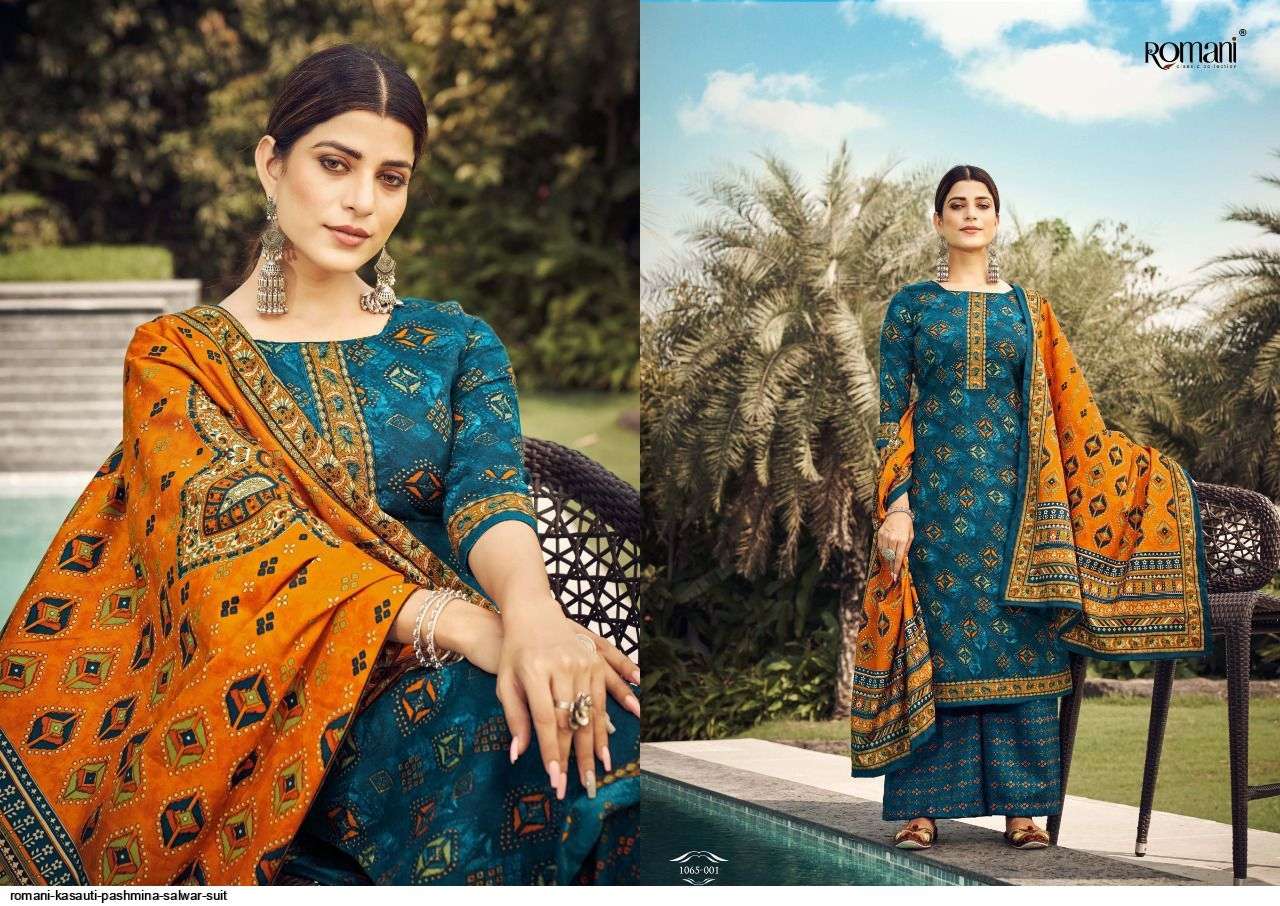 Kasauti By Romani 1065-001 To 1065-010 Series Beautiful Stylish Suits Fancy Colorful Casual Wear & Ethnic Wear & Ready To Wear Pure Pashmina Print Dresses At Wholesale Price