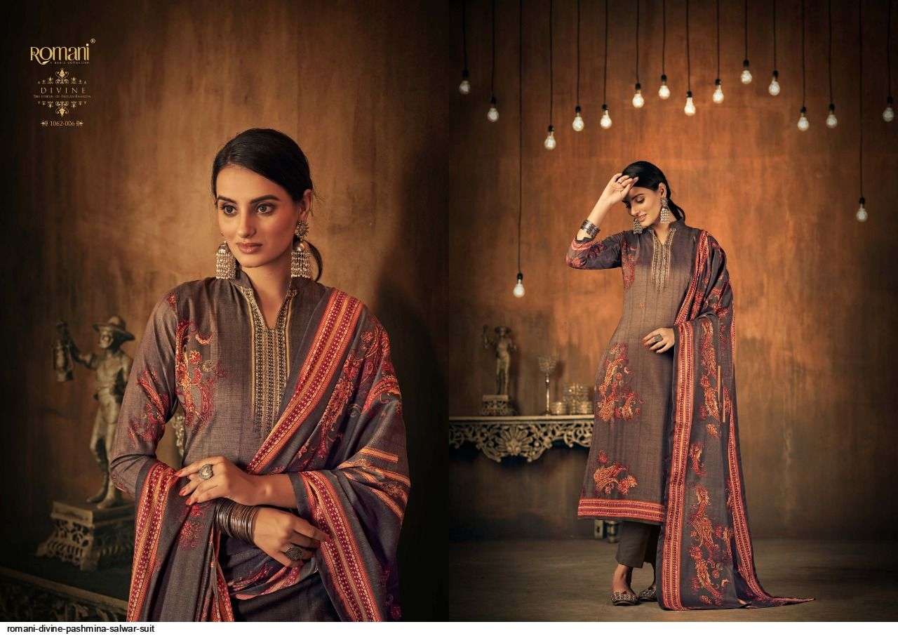 Divine By Romani 1062-001 To 1062-010 Series Beautiful Festive Suits Stylish Fancy Colorful Casual Wear & Ethnic Wear Pure Pashmina Print Dresses At Wholesale Price