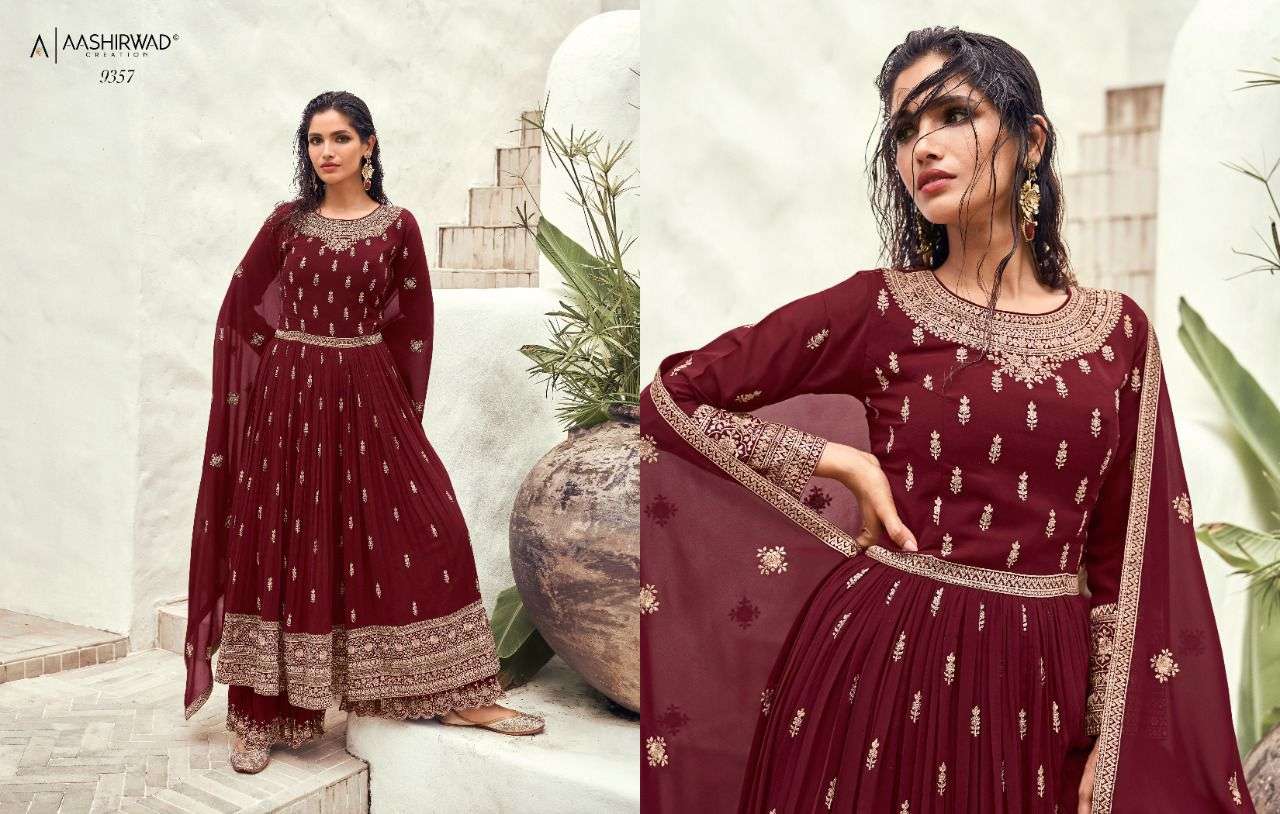 Taashi By Aashirwad Creation 9353 To 9357 Series Designer Collection Beautiful Stylish Colorful Fancy Party Wear & Occasional Wear Real Georgette Dresses At Wholesale Price