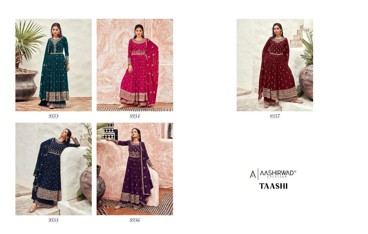Taashi By Aashirwad Creation 9353 To 9357 Series Designer Collection Beautiful Stylish Colorful Fancy Party Wear & Occasional Wear Real Georgette Dresses At Wholesale Price