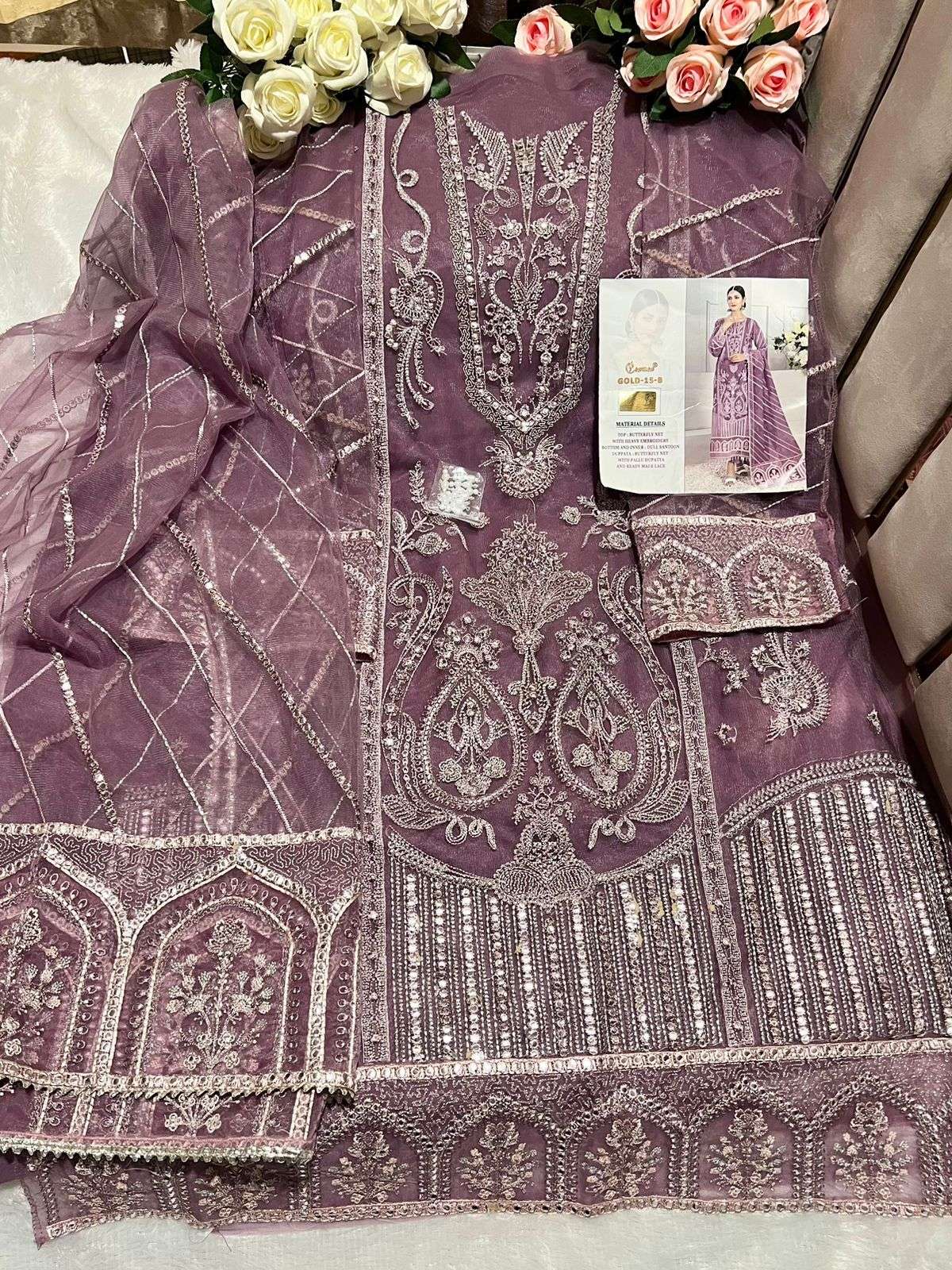 COSMOS HIT DESIGN GOLD 15-B BY COSMOS PAKISTANI SUITS BEAUTIFUL FANCY COLORFUL STYLISH PARTY WEAR & OCCASIONAL WEAR HEAVY NET EMBROIDERED DRESSES AT WHOLESALE PRICE
