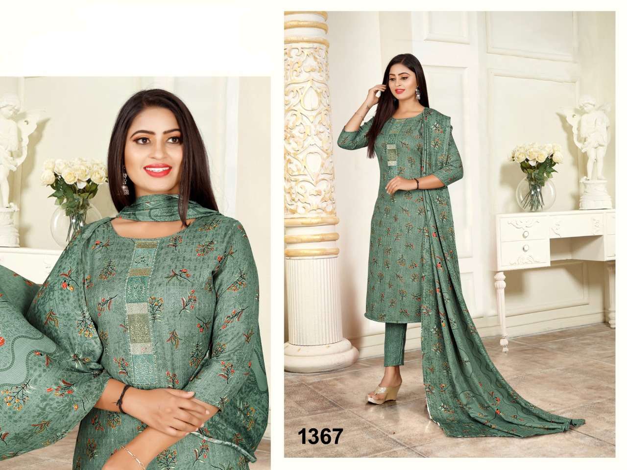 NAZMEEN 1366 BY HEER 1366 TO 1369 SERIES BEAUTIFUL SUITS STYLISH COLORFUL FANCY CASUAL WEAR & ETHNIC WEAR COMPRICES OF PASHMINA DRESSES AT WHOLESALE PRICE