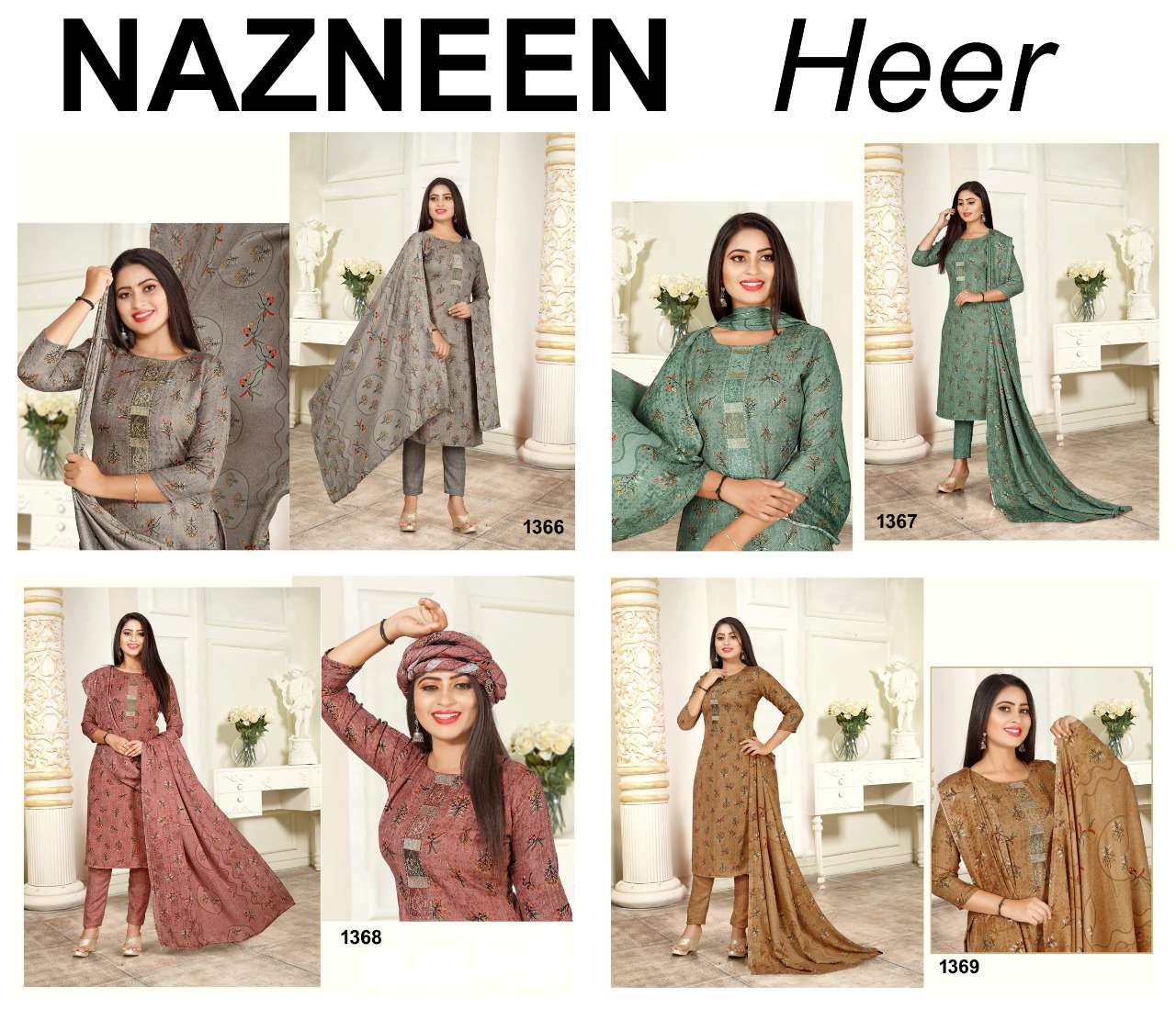 NAZMEEN 1366 BY HEER 1366 TO 1369 SERIES BEAUTIFUL SUITS STYLISH COLORFUL FANCY CASUAL WEAR & ETHNIC WEAR COMPRICES OF PASHMINA DRESSES AT WHOLESALE PRICE