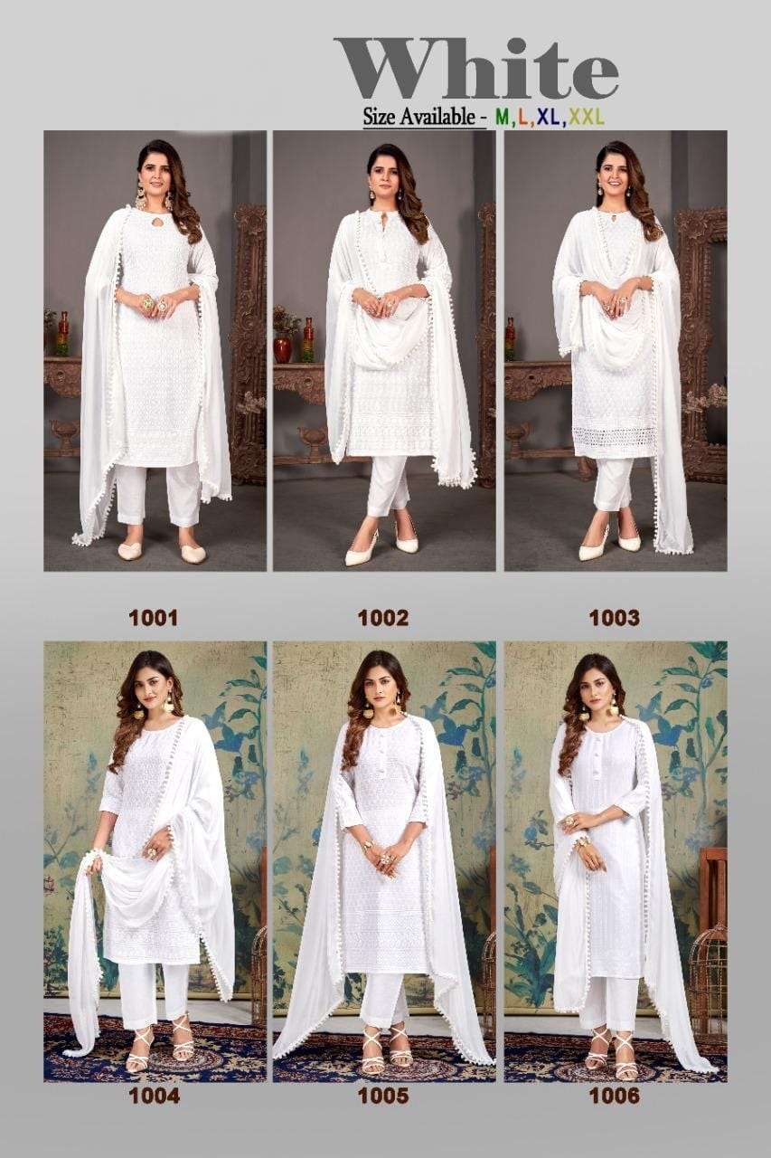 White By Poonam Designer 1001 To 1006 Series Beautiful Stylish Festive Suits Fancy Colorful Casual Wear & Ethnic Wear & Ready To Wear Pure Rayon Printed Dresses At Wholesale Price