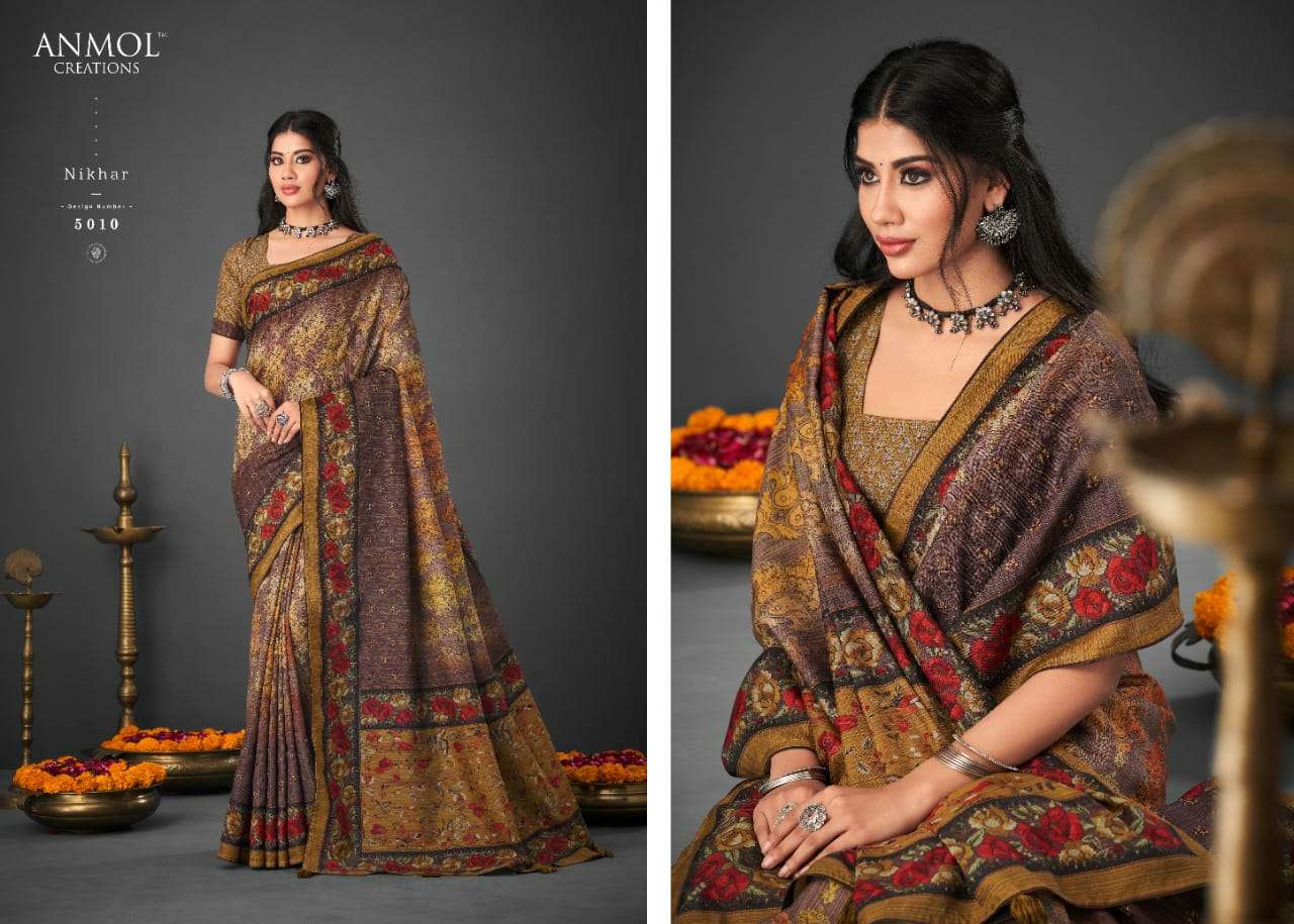 NIKHAR BY ANMOL CREATION 5001 TO 5014 SERIES INDIAN TRADITIONAL WEAR COLLECTION BEAUTIFUL STYLISH FANCY COLORFUL PARTY WEAR & OCCASIONAL WEAR SILK SAREES AT WHOLESALE PRICE