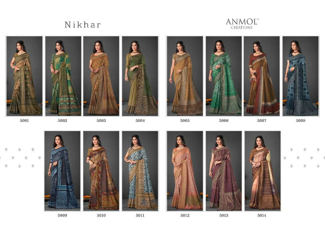 NIKHAR BY ANMOL CREATION 5001 TO 5014 SERIES INDIAN TRADITIONAL WEAR COLLECTION BEAUTIFUL STYLISH FANCY COLORFUL PARTY WEAR & OCCASIONAL WEAR SILK SAREES AT WHOLESALE PRICE