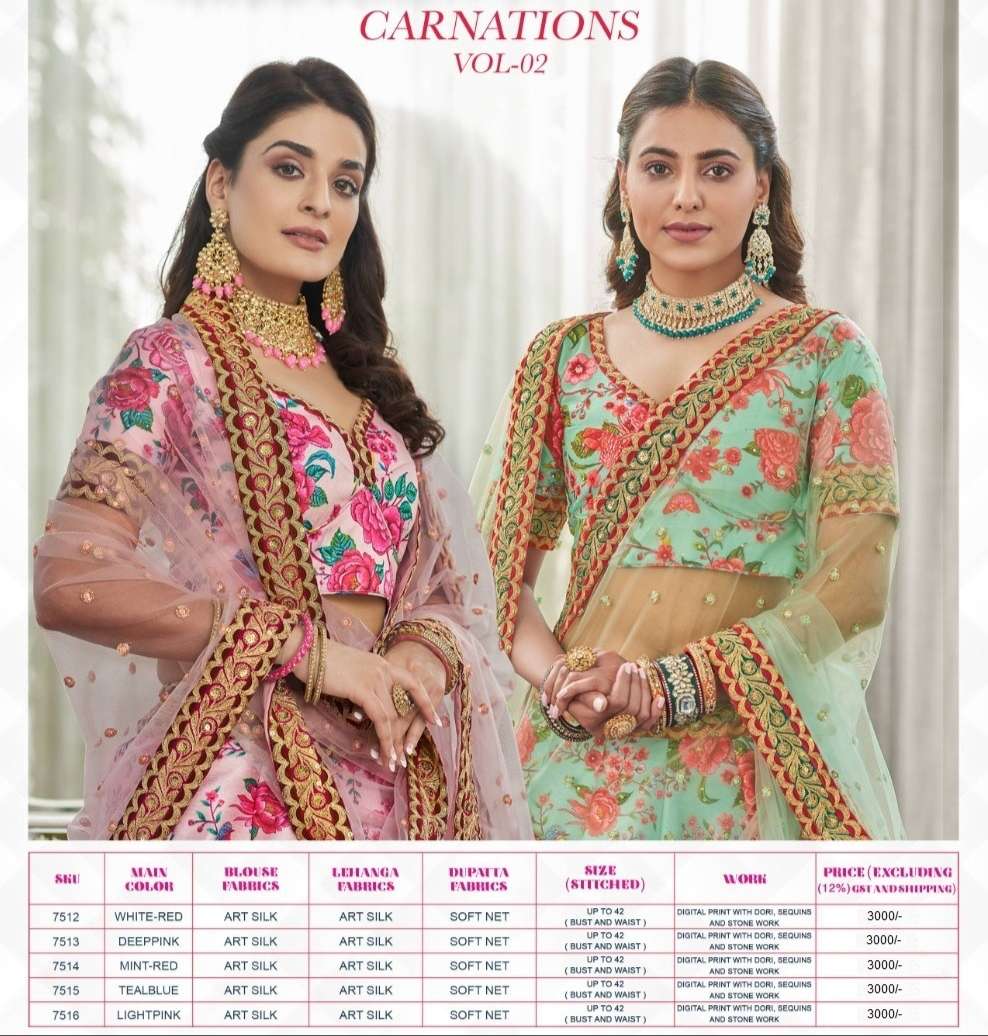 Carnations Vol-2 By Zeel Clothing 7512 To 7516 Series Indian Traditional Beautiful Stylish Designer Banarasi Silk Jacquard Embroidered Party Wear Art Silk Lehengas At Wholesale Price