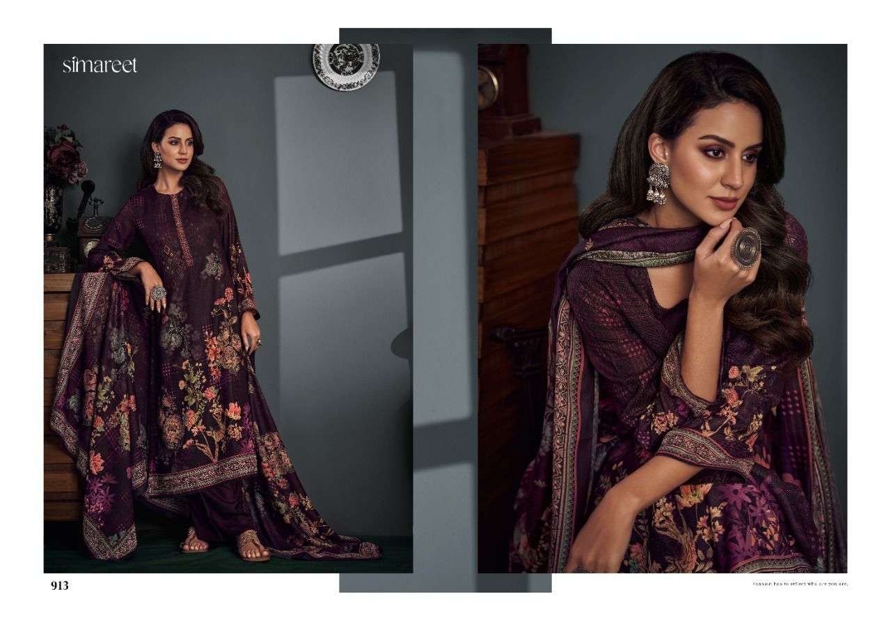 SHIFANA BY SIMAREET 909 TO 914 SERIES BEAUTIFUL SUITS STYLISH FANCY COLORFUL PARTY WEAR & OCCASIONAL WEAR PURE PASHMINA DIGITAL PRINTED DRESSES AT WHOLESALE PRICE