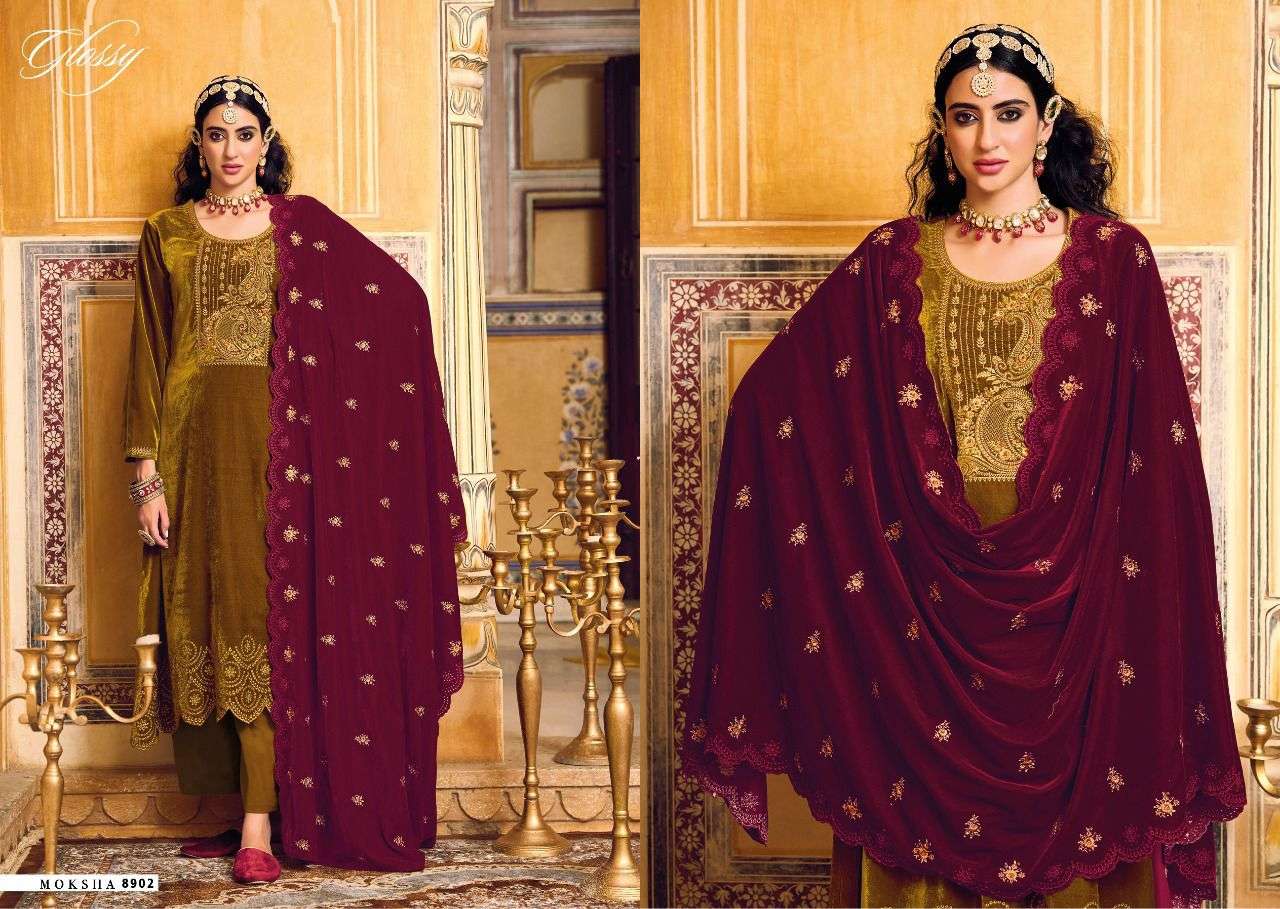 MOKSHA BY GLOSSY 8901 TO 8906 SERIES BEAUTIFUL STYLISH SUITS FANCY COLORFUL CASUAL WEAR & ETHNIC WEAR & READY TO WEAR PURE VELVET EMBROIDERED DRESSES AT WHOLESALE PRICE