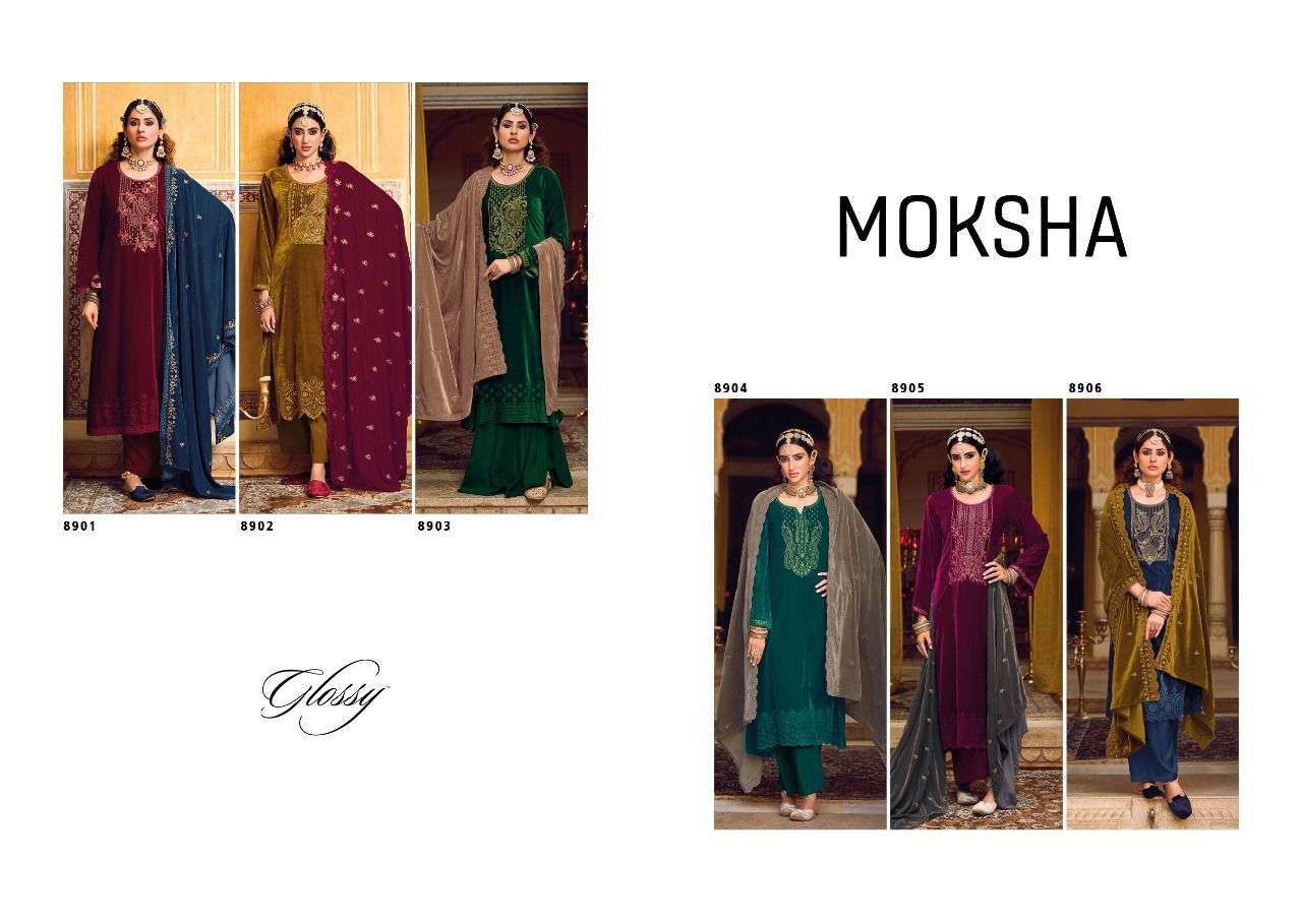 MOKSHA BY GLOSSY 8901 TO 8906 SERIES BEAUTIFUL STYLISH SUITS FANCY COLORFUL CASUAL WEAR & ETHNIC WEAR & READY TO WEAR PURE VELVET EMBROIDERED DRESSES AT WHOLESALE PRICE