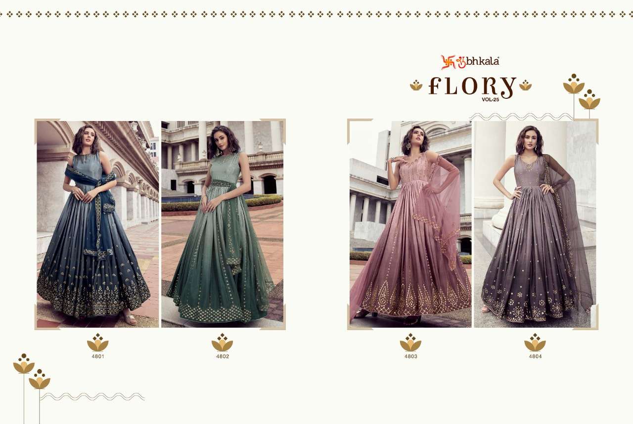 Flory Vol-25 By Shubhkala 4801 To 4804 Series Beautiful Stylish Fancy Colorful Casual Wear & Ethnic Wear Chinnon Gowns With Dupatta At Wholesale Price