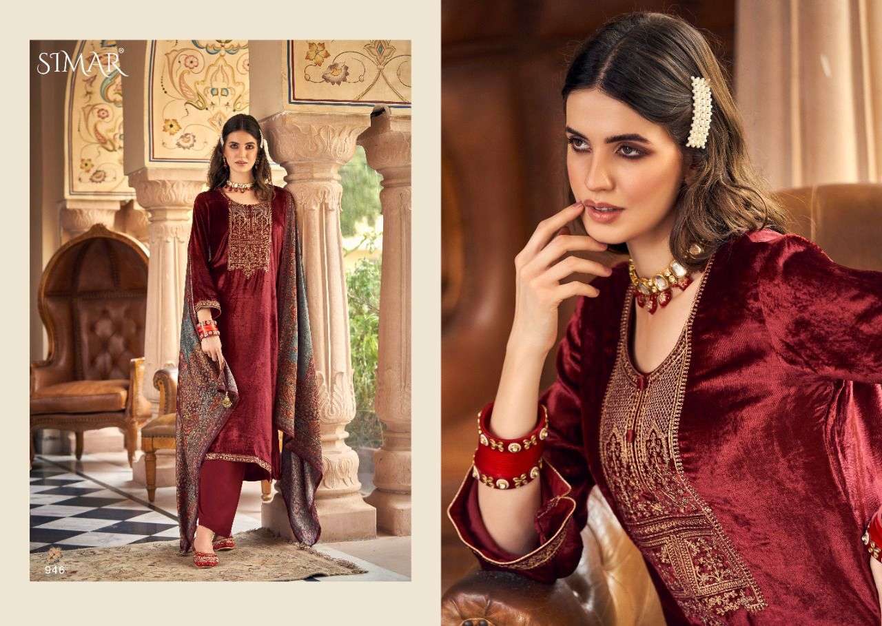 PANDORA BY GLOSSY 945 TO 950 SERIES BEAUTIFUL SUITS COLORFUL STYLISH FANCY CASUAL WEAR & ETHNIC WEAR VISCOSE VELVET DRESSES AT WHOLESALE PRICE