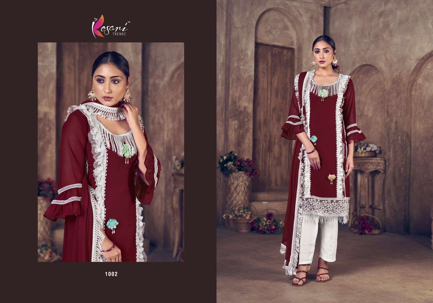 JASH E BAHAR BY KESARI TRENDZ 1001 TO 1003 SERIES BEAUTIFUL STYLISH SUITS FANCY COLORFUL CASUAL WEAR & ETHNIC WEAR & READY TO WEAR HEAVY GEORGETTE DRESSES AT WHOLESALE PRICE