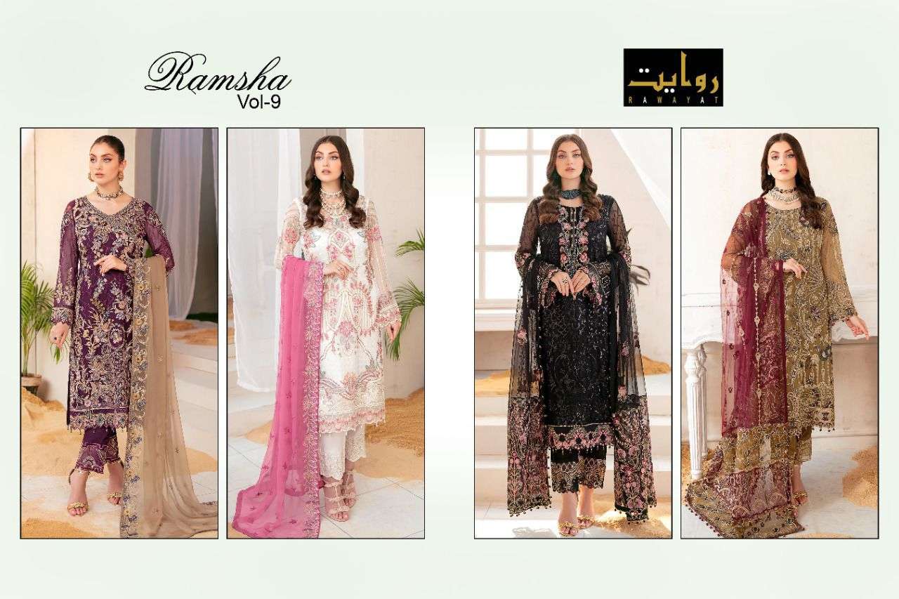 RAMSHA VOL-9 BY RAWAYAT 2024 TO 2027 SERIES DESIGNER FESTIVE PAKISTANI SUITS COLLECTION BEAUTIFUL STYLISH FANCY COLORFUL PARTY WEAR & OCCASIONAL WEAR FAUX GEORGETTE EMBROIDERED DRESSES AT WHOLESALE PRICE