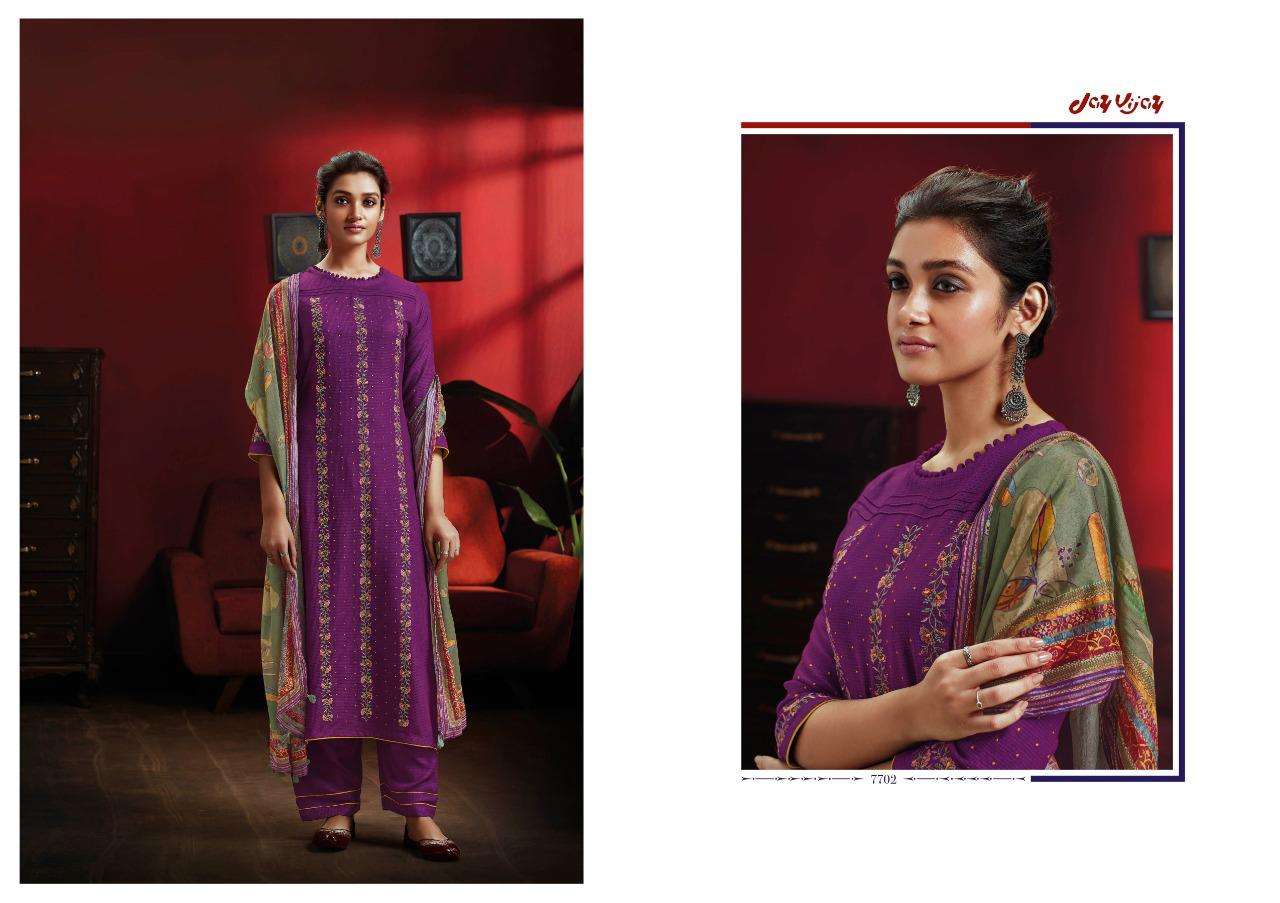 DASTOOR BY JAY VIJAY PRINTS 7701 TO 7707 SERIES INDIAN SUITS BEAUTIFUL FANCY COLORFUL STYLISH PARTY WEAR & OCCASIONAL WEAR PURE RAYON EMBROIDERY DRESSES AT WHOLESALE PRICE