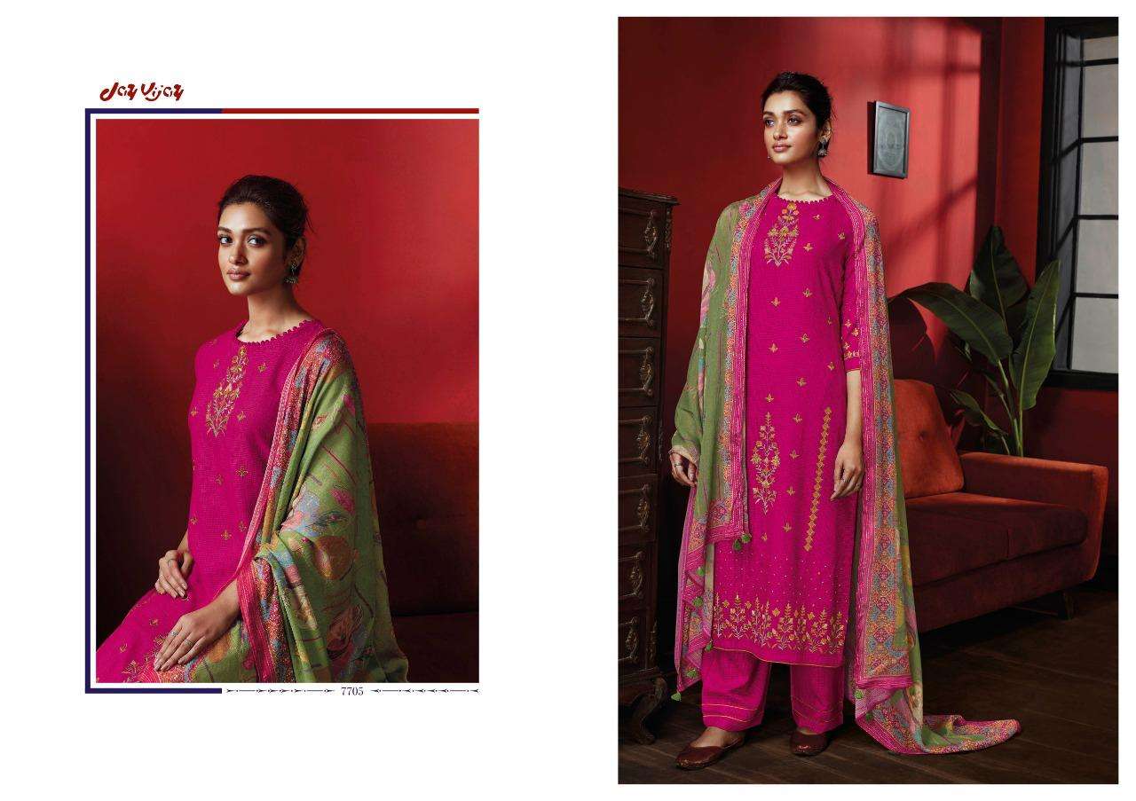 DASTOOR BY JAY VIJAY PRINTS 7701 TO 7707 SERIES INDIAN SUITS BEAUTIFUL FANCY COLORFUL STYLISH PARTY WEAR & OCCASIONAL WEAR PURE RAYON EMBROIDERY DRESSES AT WHOLESALE PRICE