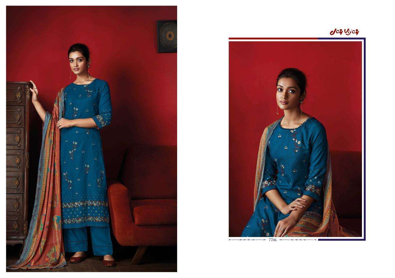 DASTOOR BY JAY VIJAY PRINTS 7701 TO 7707 SERIES INDIAN SUITS BEAUTIFUL FANCY COLORFUL STYLISH PARTY WEAR & OCCASIONAL WEAR PURE RAYON EMBROIDERY DRESSES AT WHOLESALE PRICE