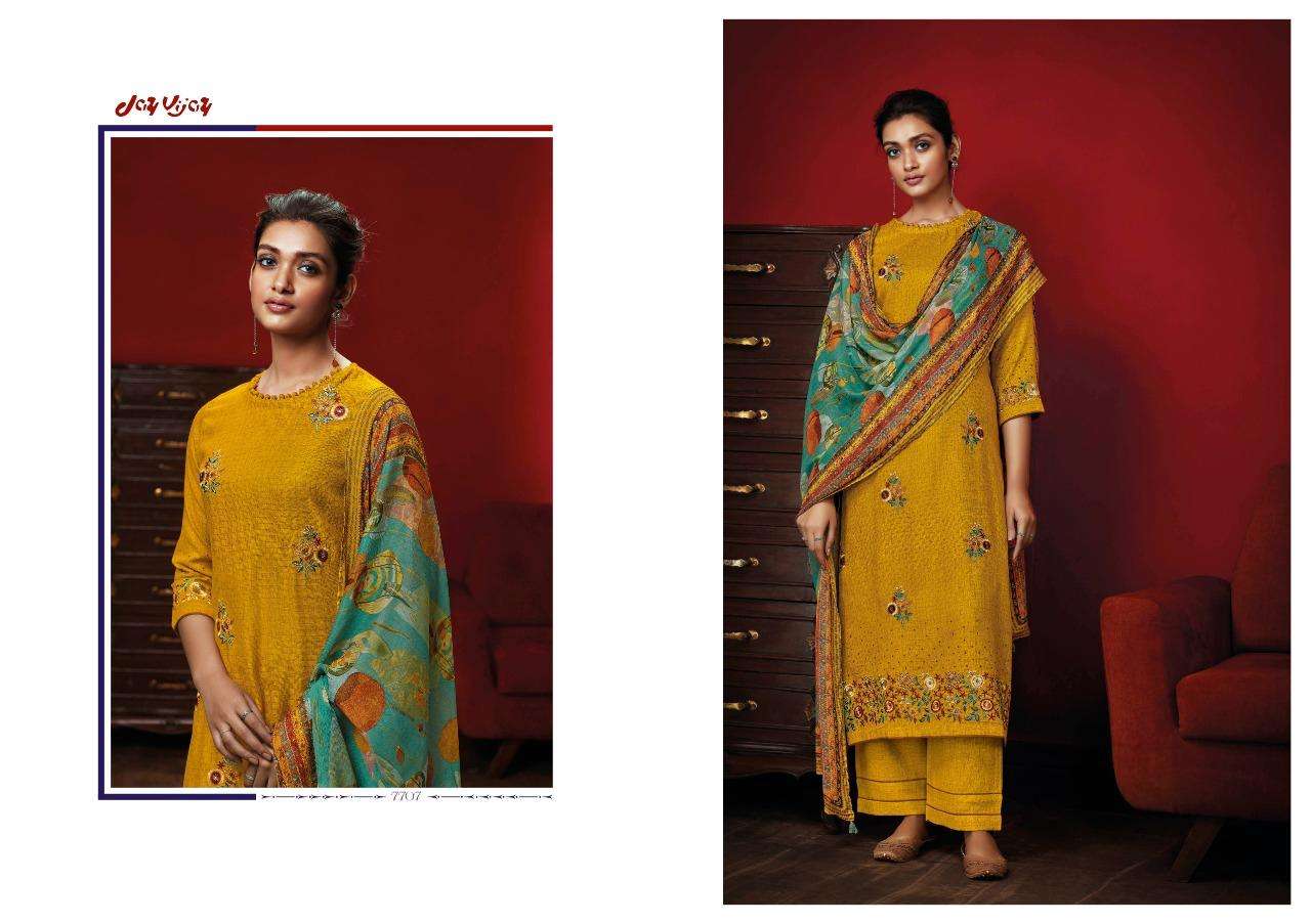 DASTOOR BY JAY VIJAY PRINTS 7701 TO 7707 SERIES INDIAN SUITS BEAUTIFUL FANCY COLORFUL STYLISH PARTY WEAR & OCCASIONAL WEAR PURE RAYON EMBROIDERY DRESSES AT WHOLESALE PRICE