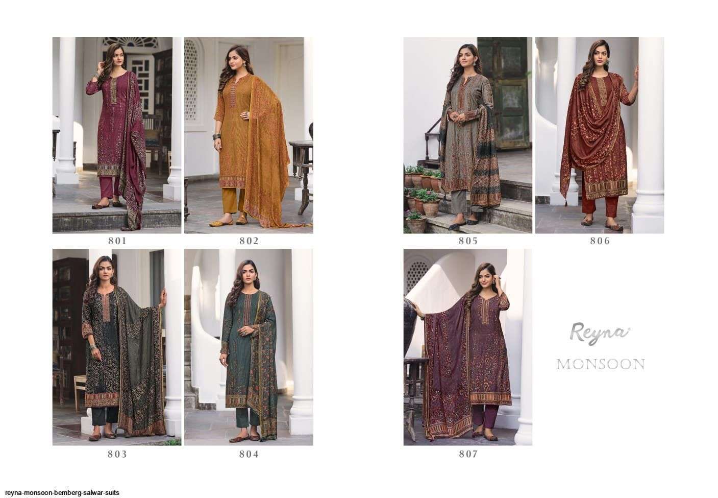 MONSOON BY REYNA 801 TO 807 SERIES INDIAN SUITS BEAUTIFUL FANCY COLORFUL STYLISH PARTY WEAR & OCCASIONAL WEAR PURE BEMBERG SILK DRESSES AT WHOLESALE PRICE