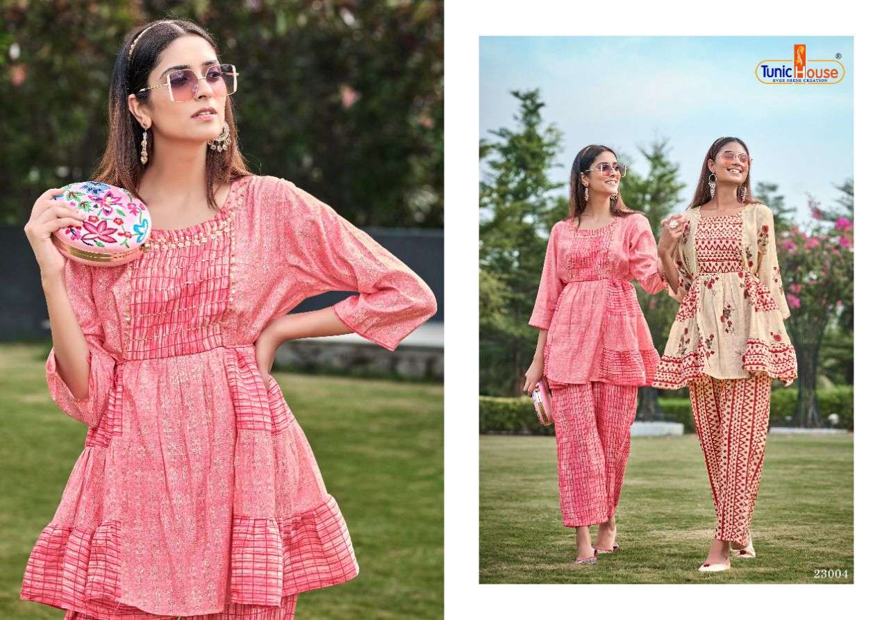 FUSHION BY TUNIC HOUSE 23001 TO 23004 SERIES DESIGNER STYLISH FANCY COLORFUL BEAUTIFUL PARTY WEAR & ETHNIC WEAR COLLECTION MUSLIN SILK TOPS WITH BOTTOM AT WHOLESALE PRICE