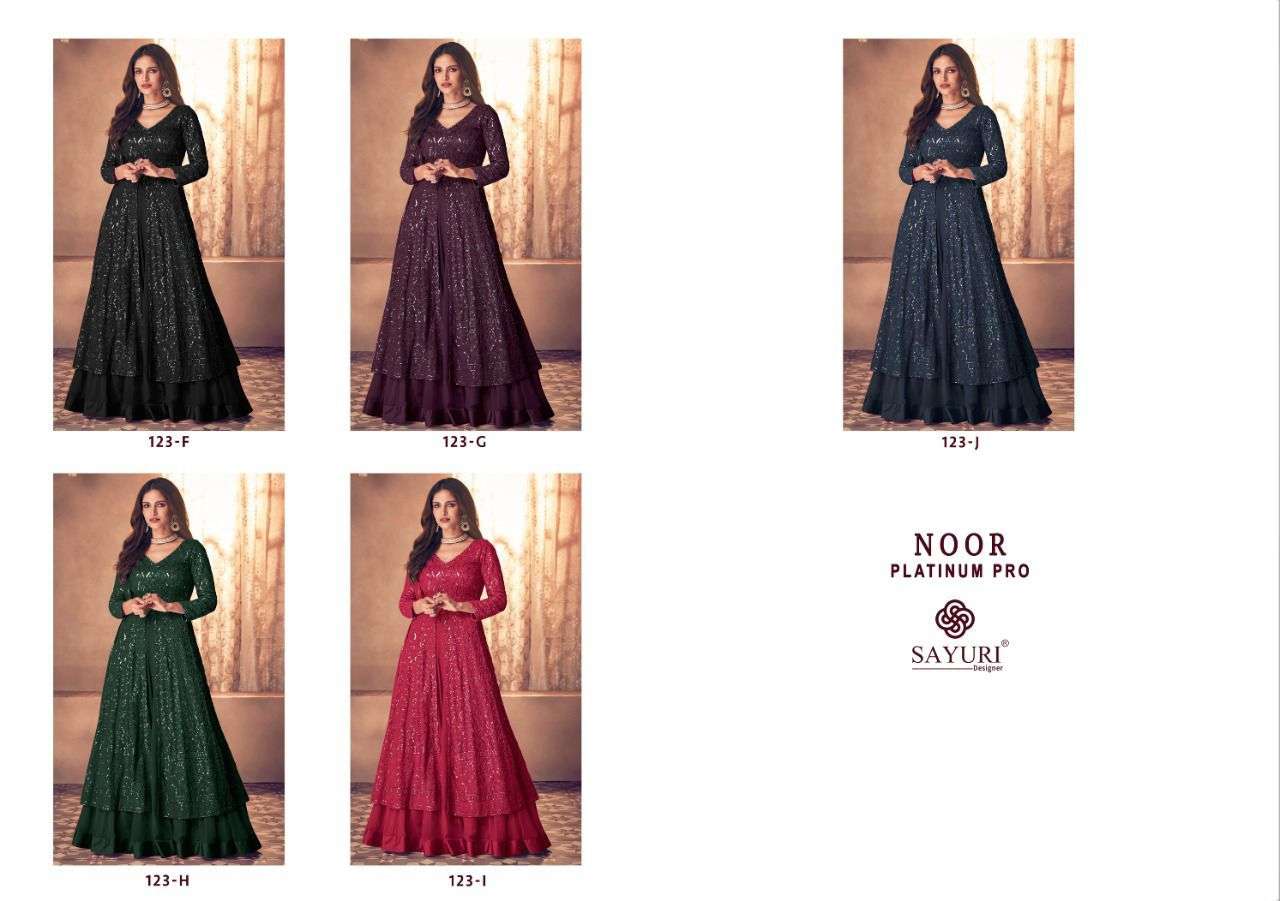 Noor Platinum Pro By Sayuri 123-F To 123-J Series Beautiful Suits Colorful Stylish Fancy Casual Wear & Ethnic Wear Real Georgette Dresses At Wholesale Price