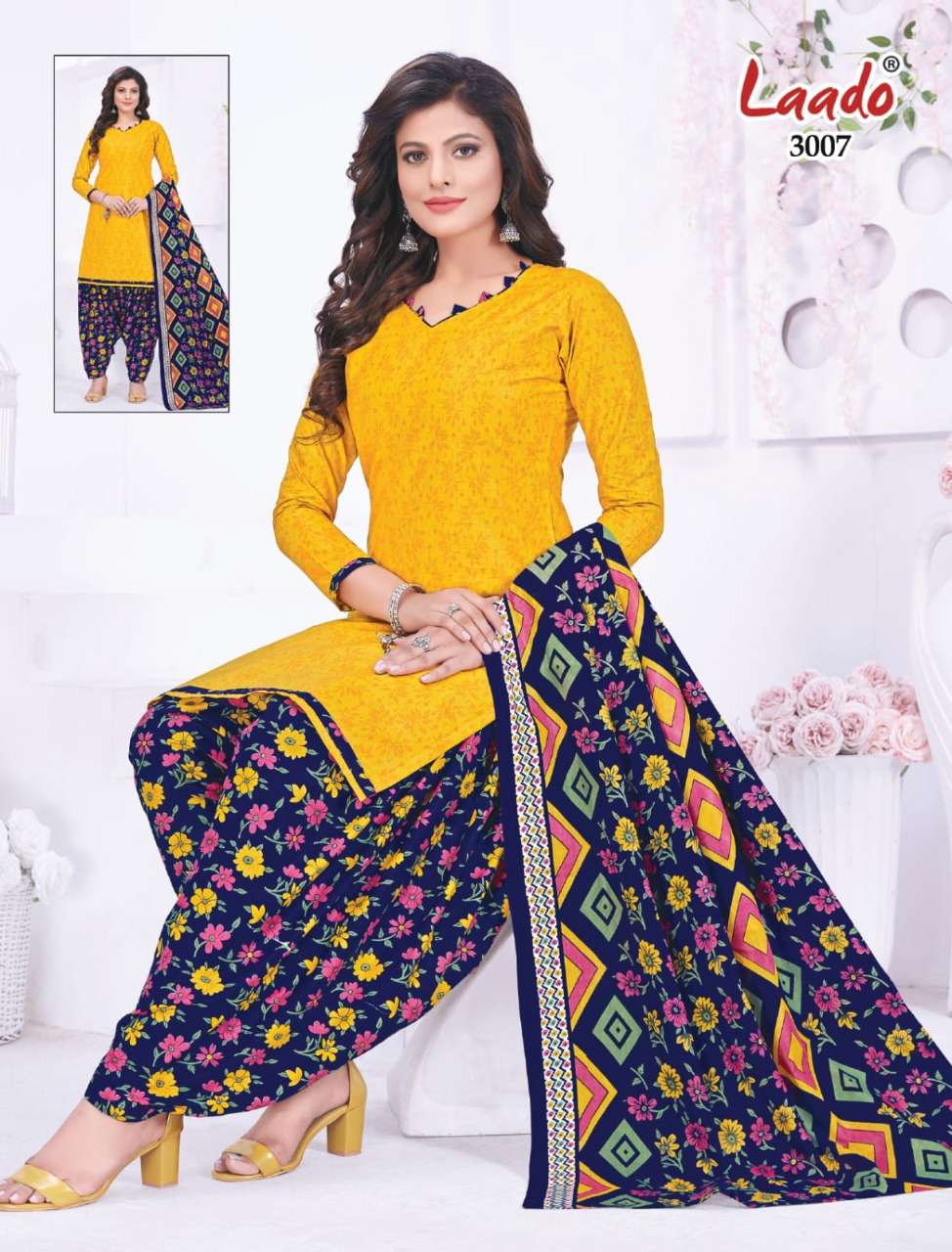 NADIYA PATIYALA VOL-3 BY LAADO 3001 TO 3012 SERIES BEAUTIFUL COLLECTION SUITS STYLISH FANCY COLORFUL CASUAL WEAR & ETHNIC WEAR COTTON PRINTED DRESSES AT WHOLESALE PRICE